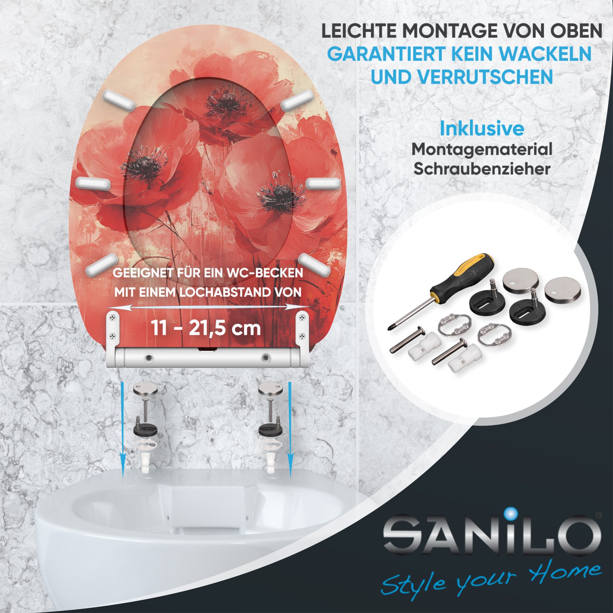 Sanilo WC-Sitz Poppy mit Absenkautomatik & Quick Release, hochwertig, abnehmbar, leichte Montage von oben, mit Schraubenzieher – Bild 5 von 5