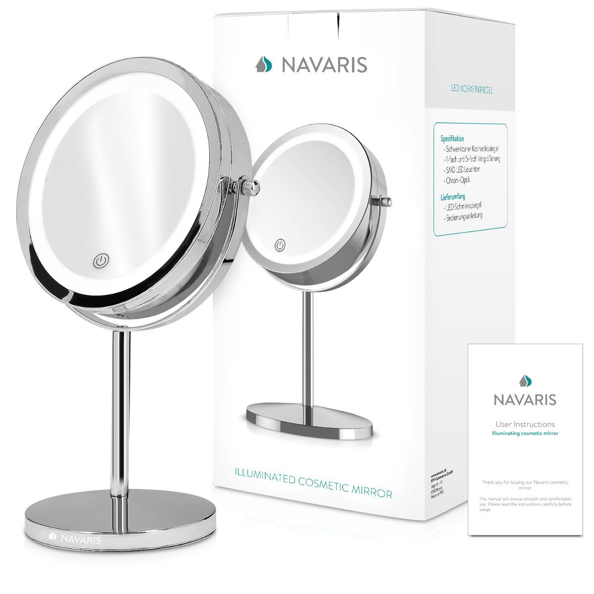 Vergrößerung Dimmer mit spiegelnd (1-St) Kosmetikspiegel LED-Kosmetikspiegel Navaris Silber 5-facher und