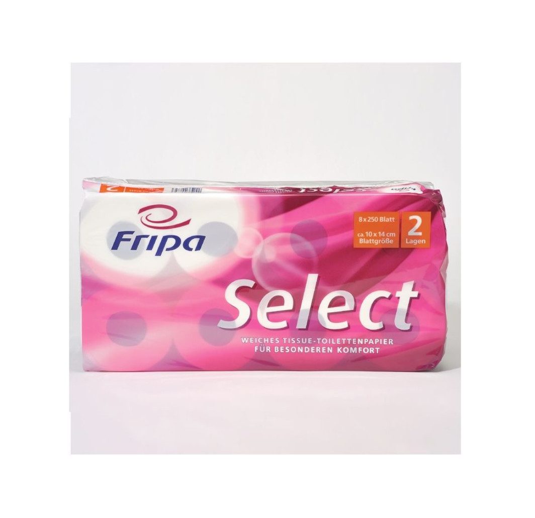 DocMed Toilettenpapier Fripa - Toilettenpapier select, 2-lagig 8 Rollen oder 8er Packung (Hochweißes Design 8-St. 8 Rollen Toilettenpapier), aus 100 % Zellstoff, Praktisches Blattformat