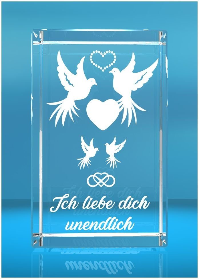 VIP-LASER Dekofigur 3D Glasquader I Tauben mit Text Ich liebe Dich unendlich graviert, Hochwertige Geschenkbox, Made in Germany, Familienbetrieb