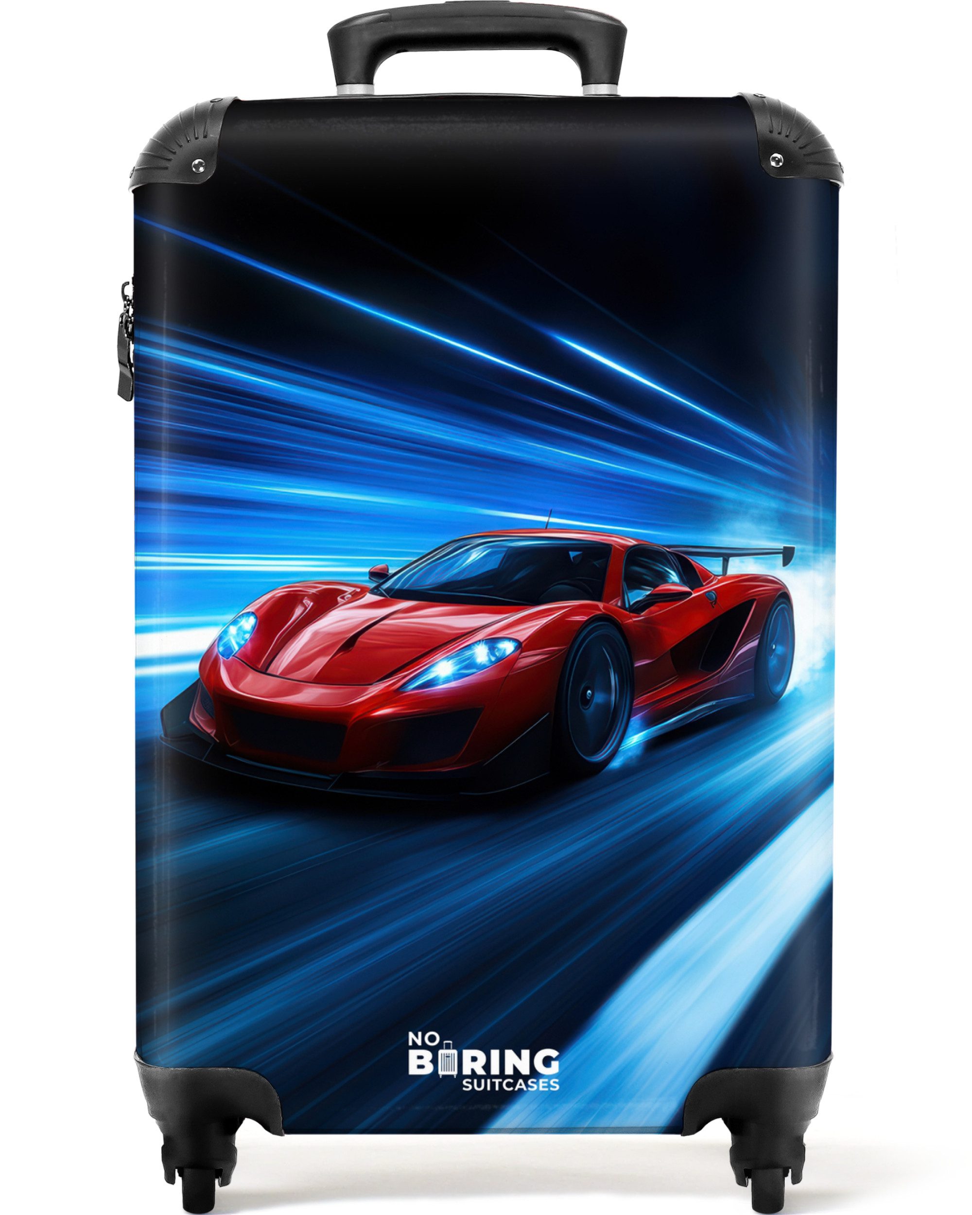NoBoringSuitcases.com© Kinderkoffer Roter Rennwagen in der digitalen Geschwindigkeitswelt 55x35x20cm, 4 Rollen, Handgepäck Koffer, Hartschalenkoffer Kinder, Reisekoffer Jungen