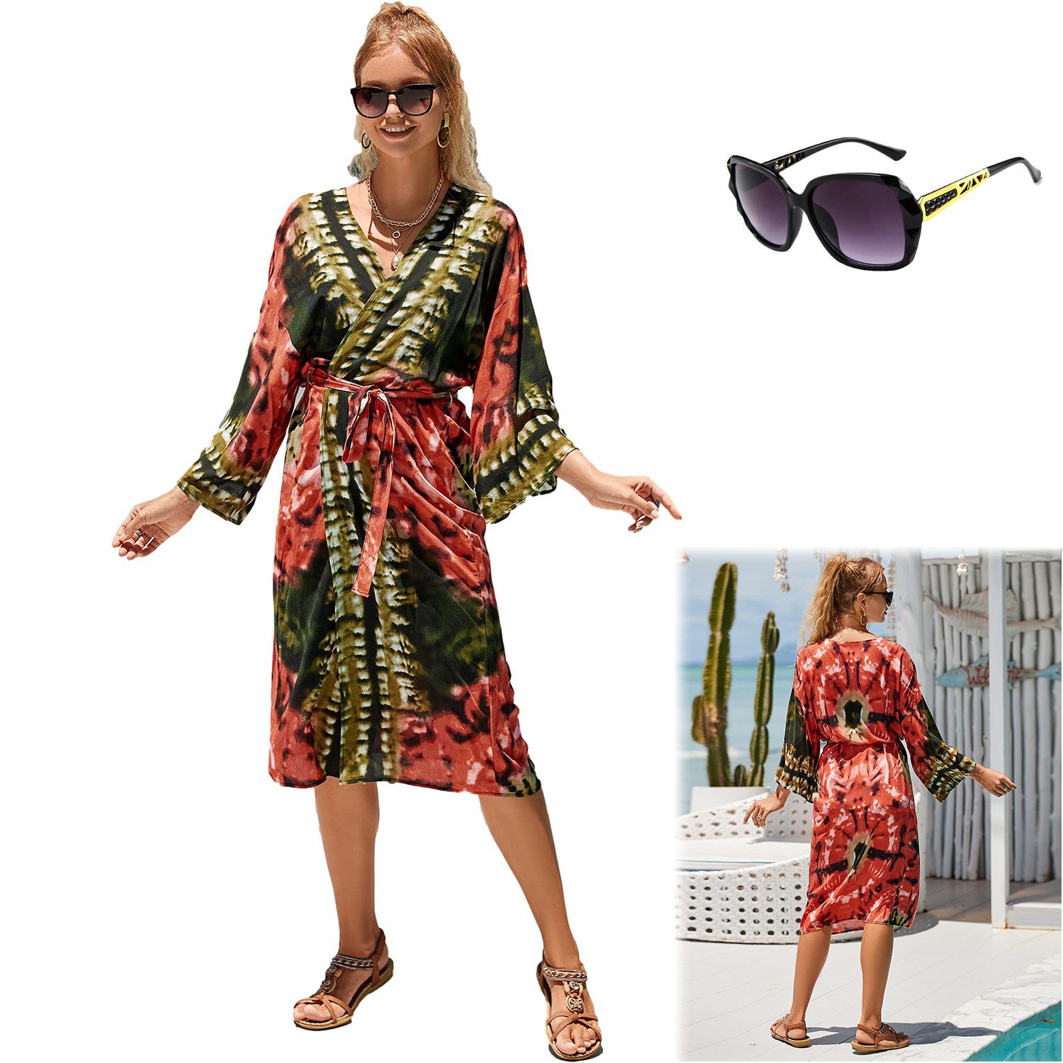 RWEUOQ Kimono Strand-Kimono mit Batikmuster Luftige günstig online kaufen