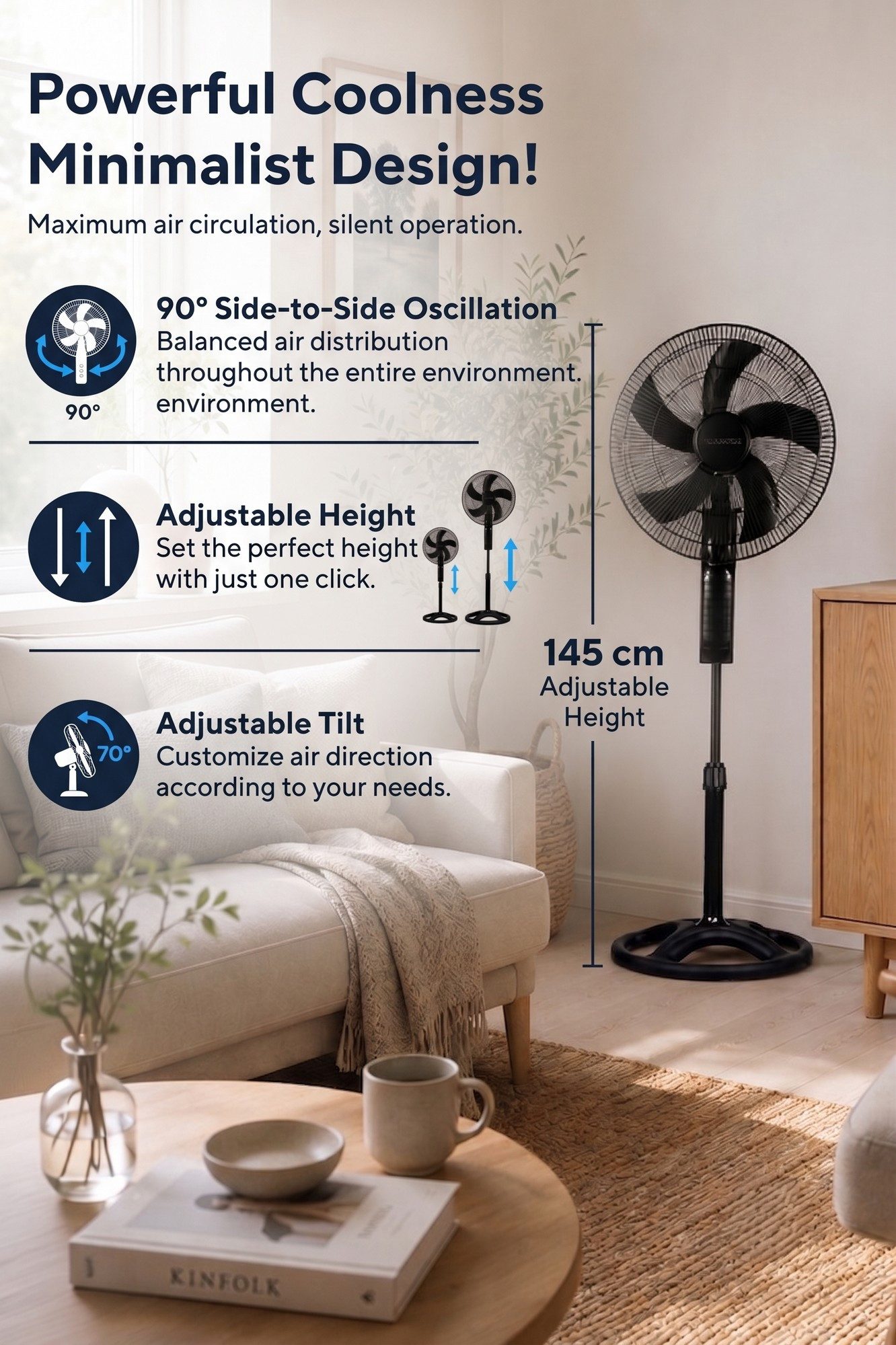 KUMTEL Standventilator KTF-340, 45 cm Durchmesser, 60 W, aus ABS-Kunststoff, 90° oszillierend, 70° neigbar