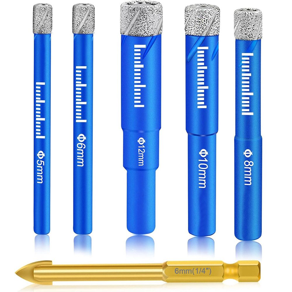 AFKSMILE Bohrersatz Fliesenbohrer Diamantbohrer Glasbohrer Set, 5, 6, 8, 10, 12 mm, (6-tlg), Feinsteinzeug Diamant Fliesen Bohrer und 6mm Metall Bohren, Glasbohrer