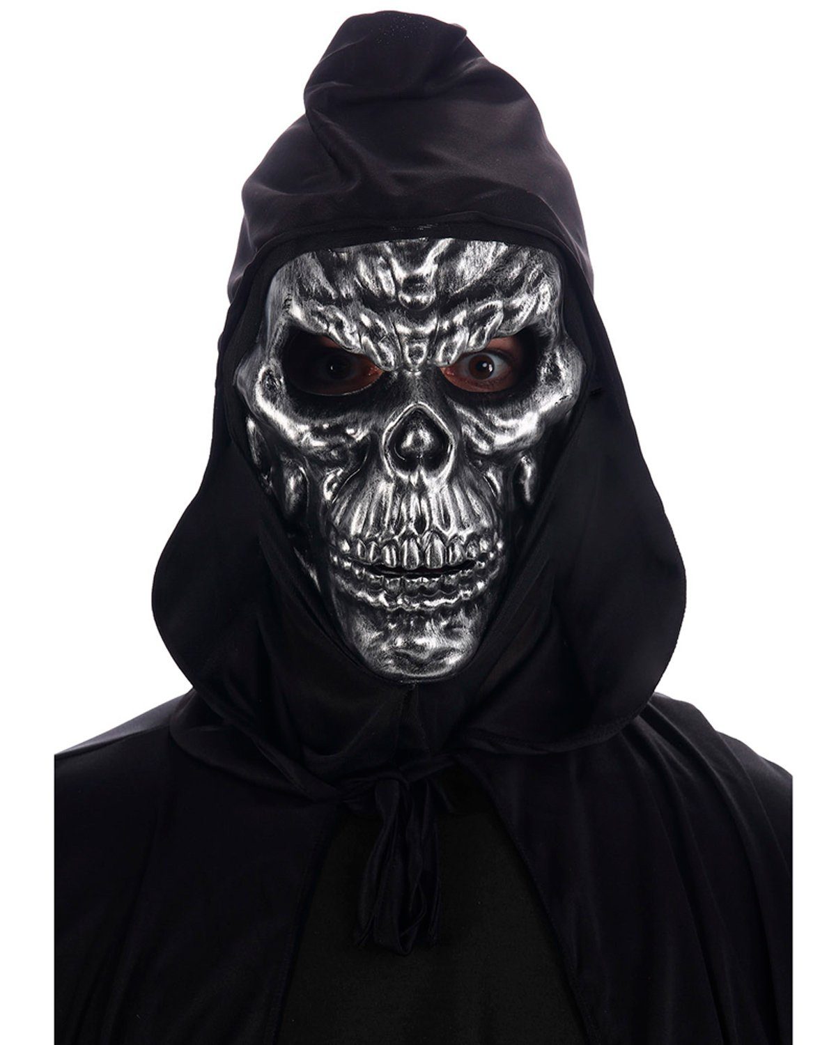 CHAKS Verkleidungsmaske Halloween Maske 'Totenkopf mit Kapuze', Silber Sc