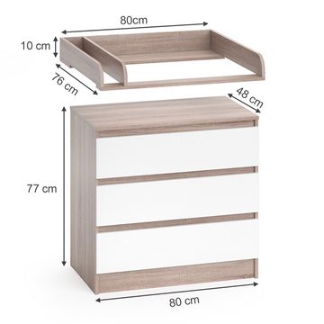 Vicco Kommode Wickelkommode mit 3 Schubladen EMMA Weiß / Sonoma