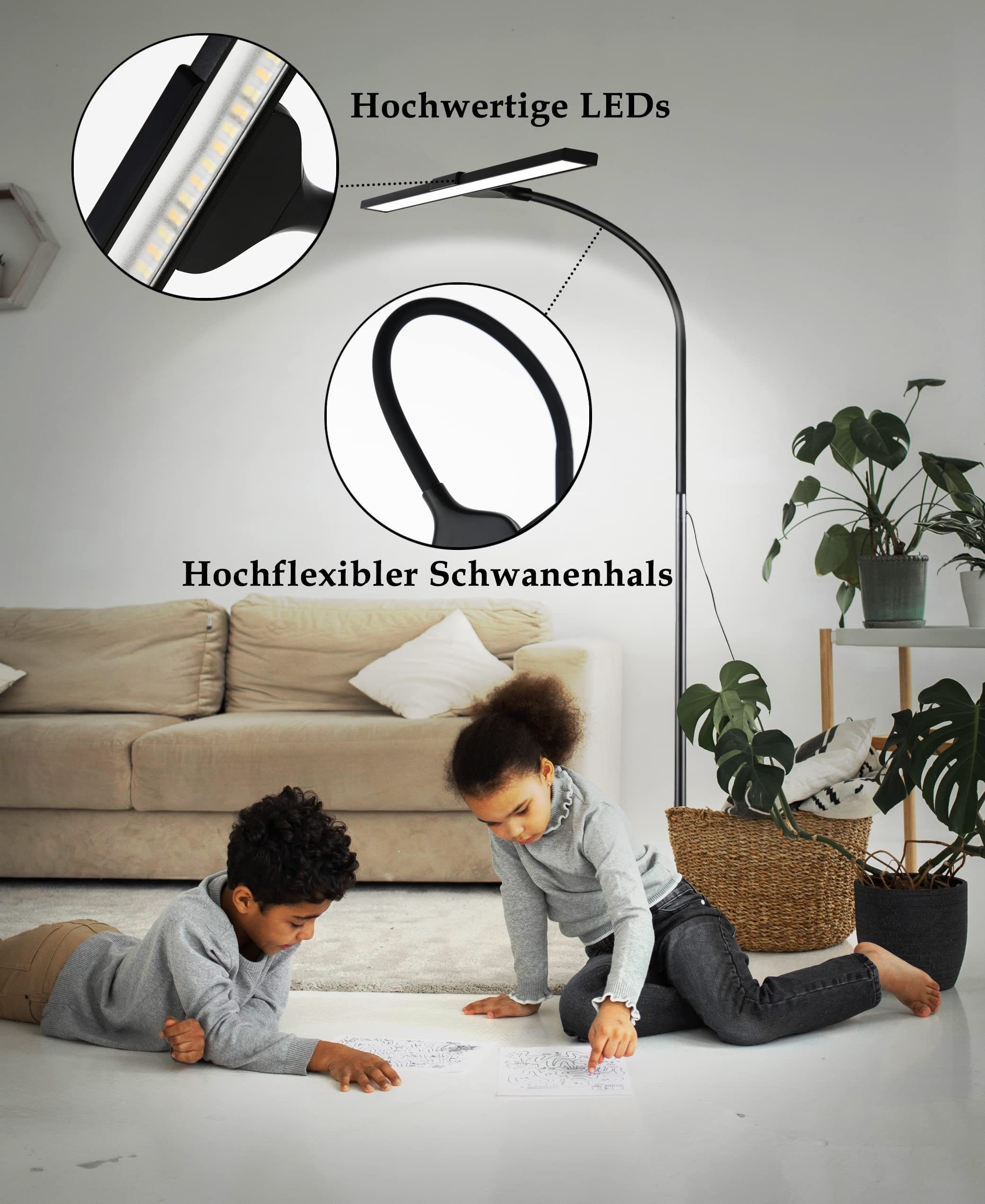 ZMH LED Stehlampe Leselampe Modern Dimmbar 178CM Metall mit Timer für Schlafzimmer Büro, dimmbar, LED fest integriert, 3000-6500k, schwarz