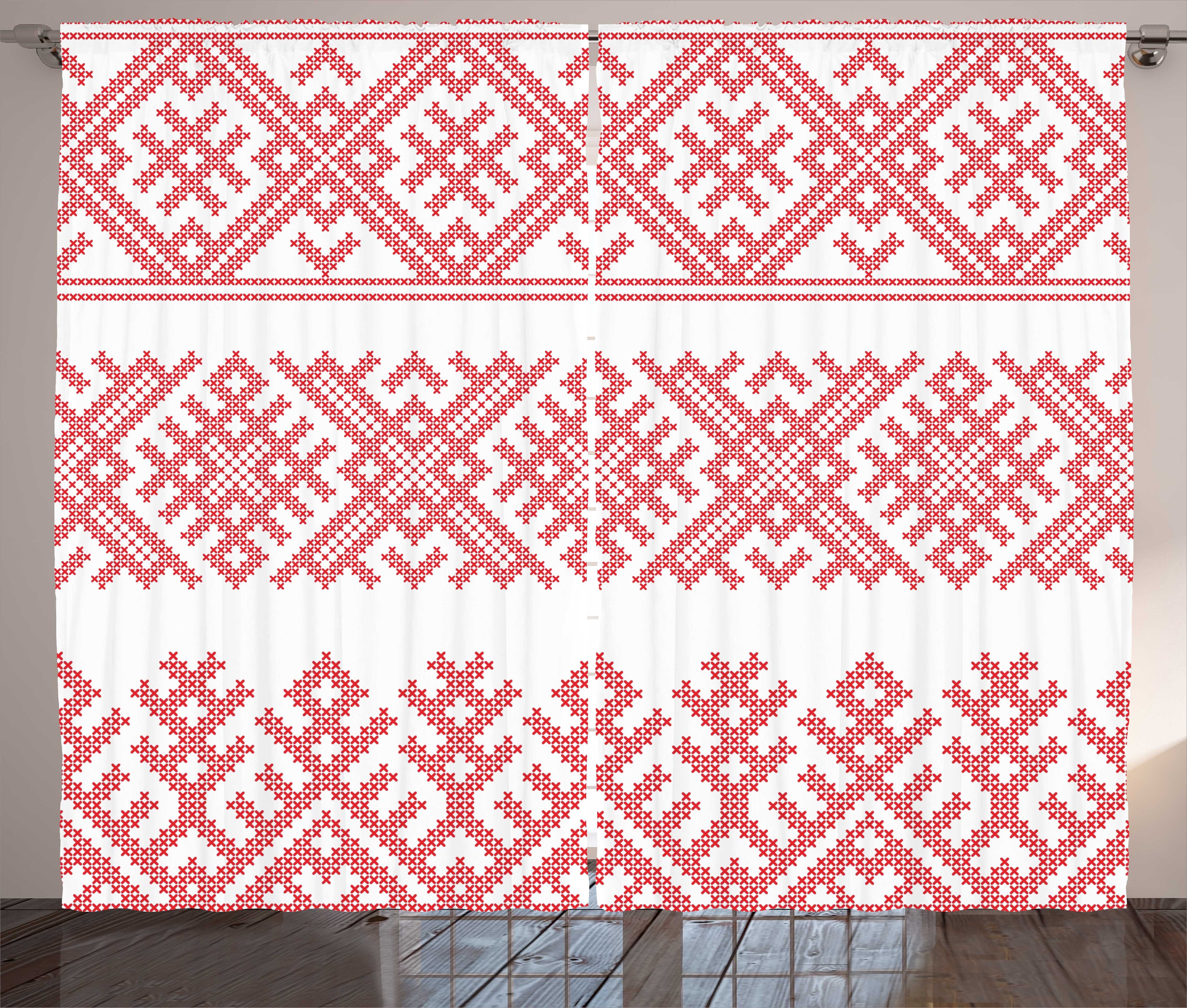 mit Slavic Vorhang Schlafzimmer Motive Gardine Russisch und Haken, Kräuselband Abakuhaus, Schlaufen Kunst-Muster