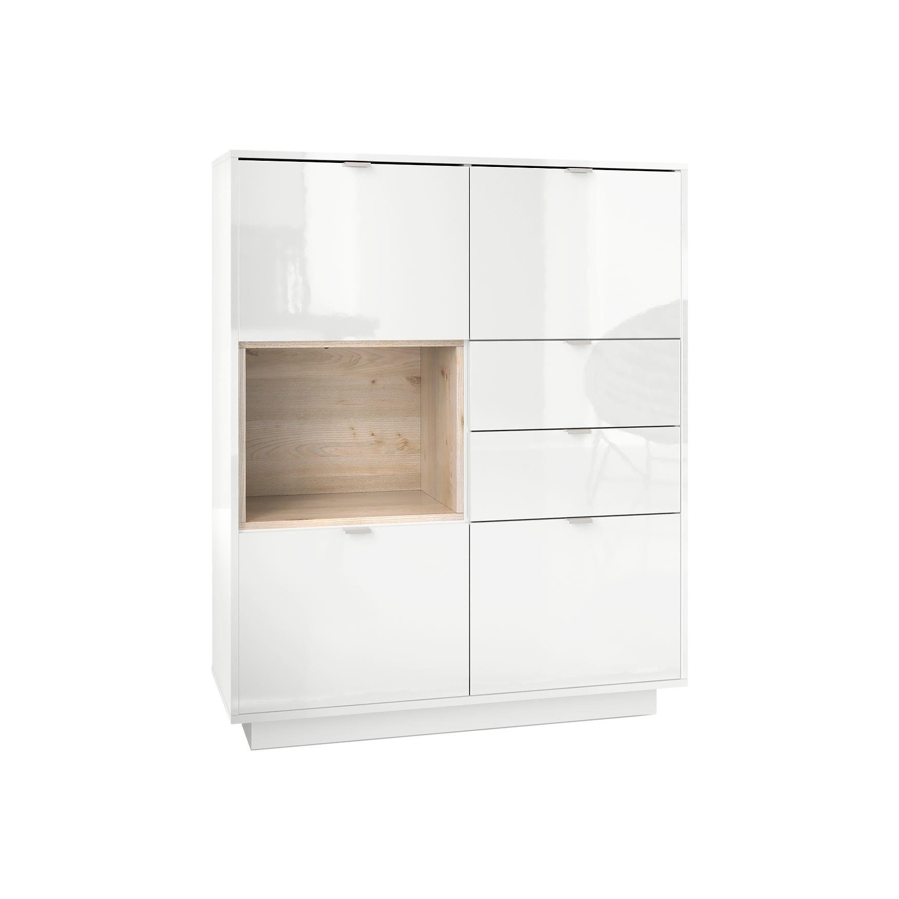 Vladon Highboard Metro (Highboard, mit 4 Türen, 2 Schubladen und 1 offenem Fach), Weiß Hochglanz/Eiche Nordic (103 x 123 x 38 cm)