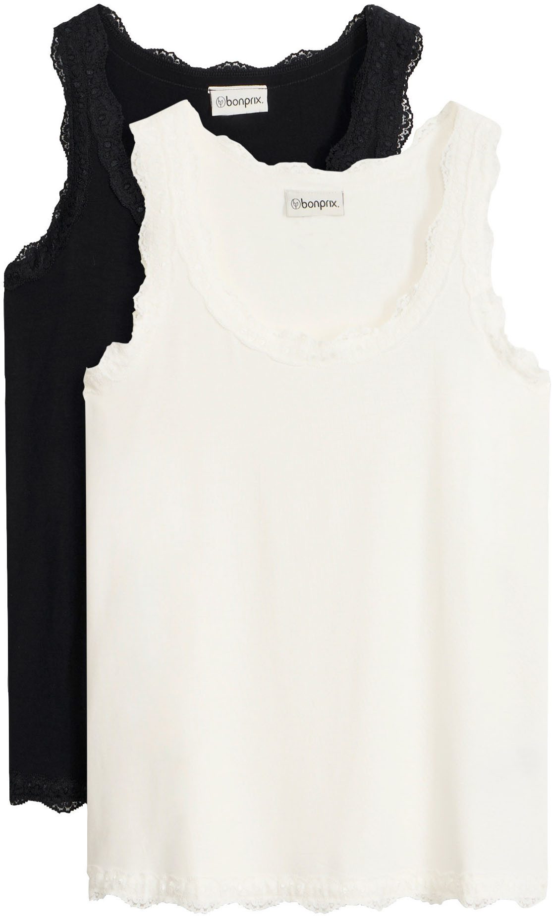 bonprix Shirttop (Packung, 2-tlg) schmale Passform, mit dekorativer Spitze, aus Viskose-Mix