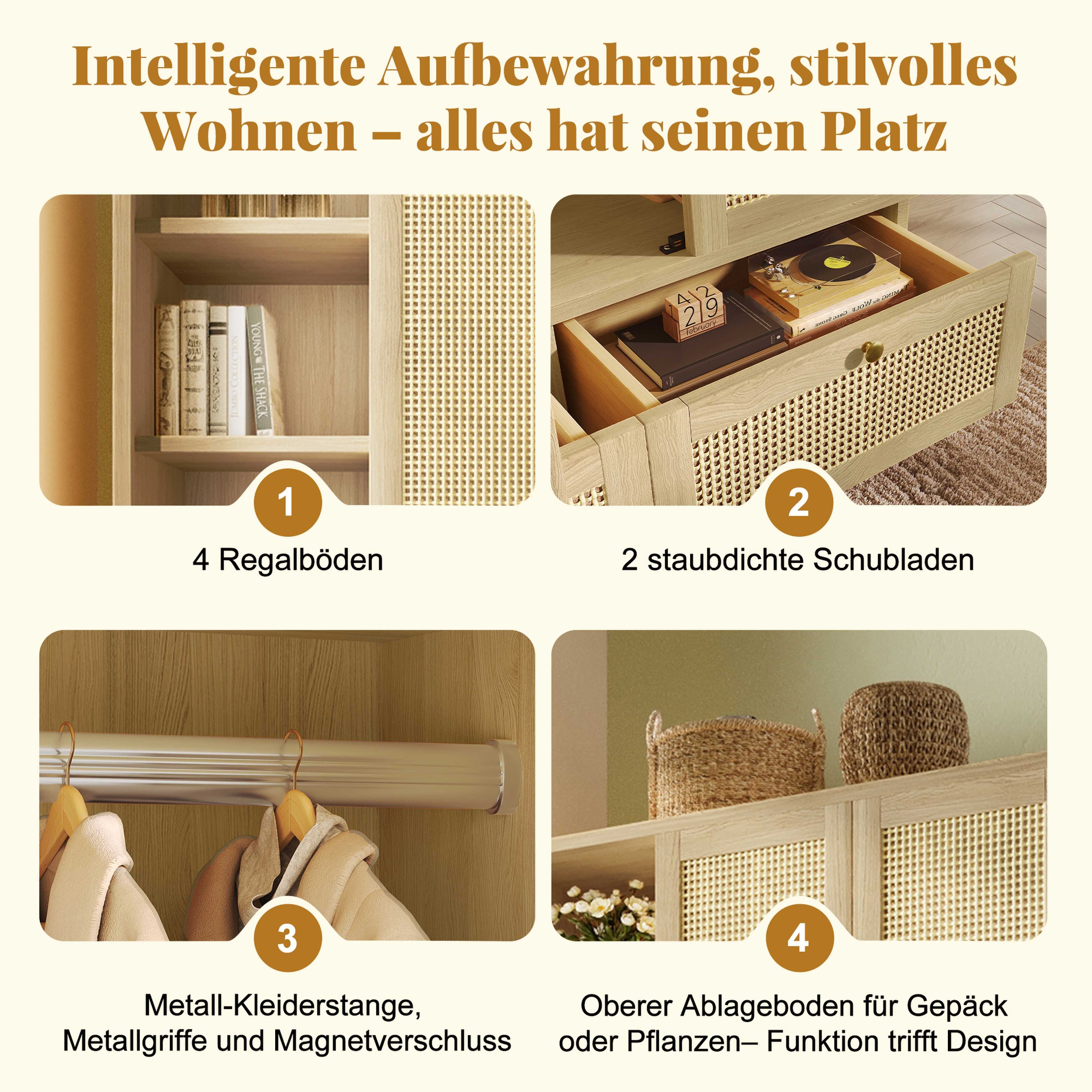 BlingBin Kleiderschrank Schlafzimmerschrank, Garderobenschrank (Kleiderschrank in heller Eiche mit Rattan & Bogenform, 1-St., mit Kleiderstange, 2 Schubladen, MDF & Massivholz, 180 cm hoch) Stauraum für Kleidung, Accessoires & Schuhe