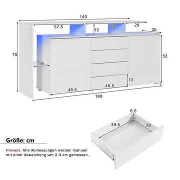 Merax Sideboard mit 4 Schubladen und 2 Türen, Kommode Hochganlz mit LED und Glasboden, Wohnzimmerschrank, Buffet