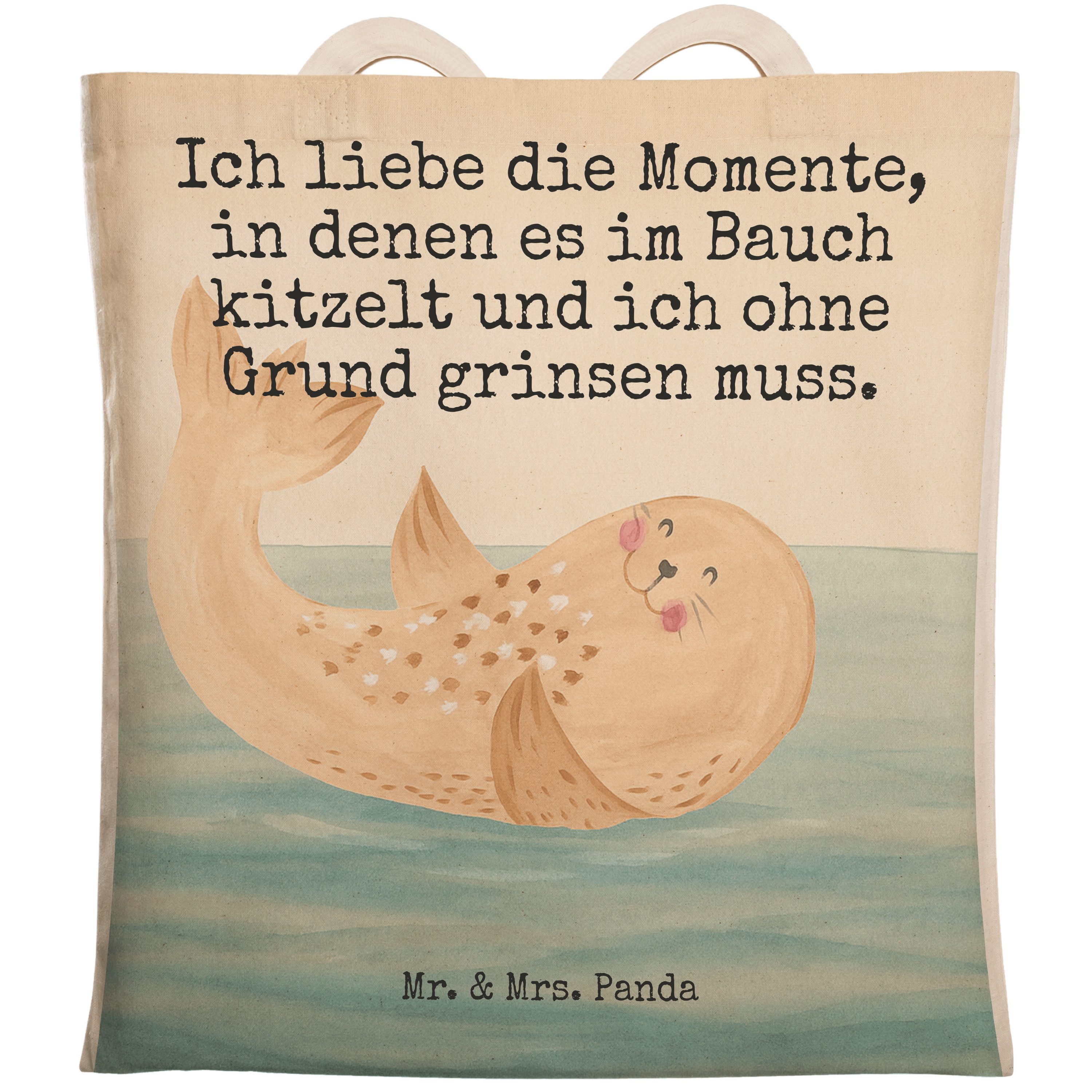 Mr. & Mrs. Panda Tragetasche Robbe Liegen Design, Umhängetasche, Weiß, Stoffbeutel, Robben, Strand (Packung, 1-tlg)