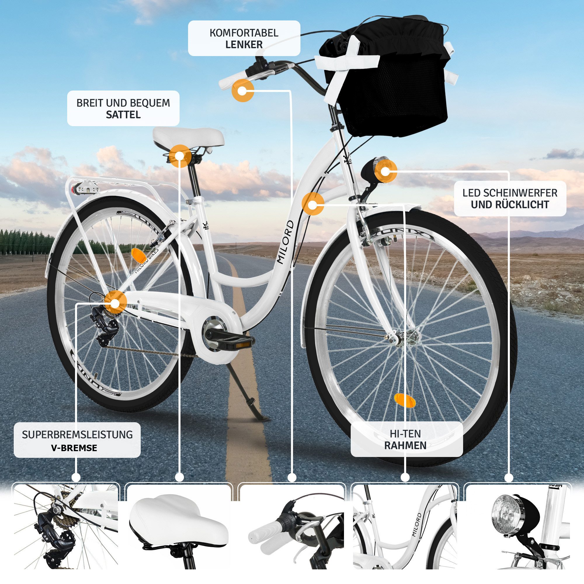 Milord Cityrad Milord City Fahrrad Korb Damenfahrrad, 28/26 Zoll, Weiß, 7-Gang, 7 Gang, (Fahrradständer, Gepäckträger, Klingel, Korb, Kotflügel)