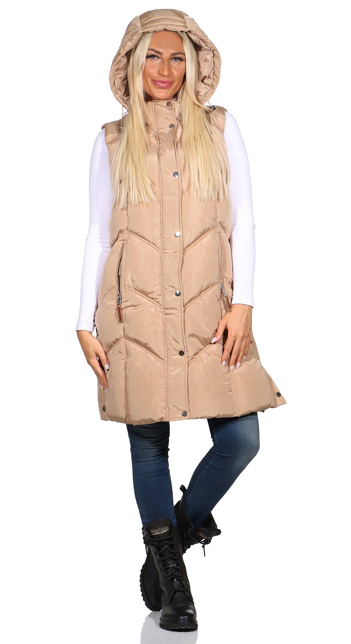 Aurela Damenmode Steppweste Damen Longweste mit moderner Steppung abnehmbar günstig online kaufen