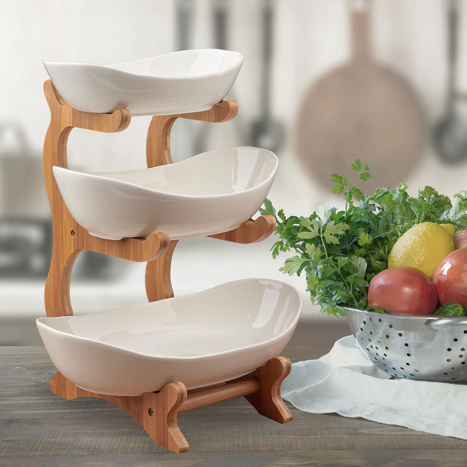 Dimono Etagere Dimono Deluxe 3-stöckige Etagere – Servierständer aus Natur-Schiefer, Keramik, (3-Etagen Servierschalen, Obst- & Gemüseschale), Servierschalen fü – Bild 2 von 4