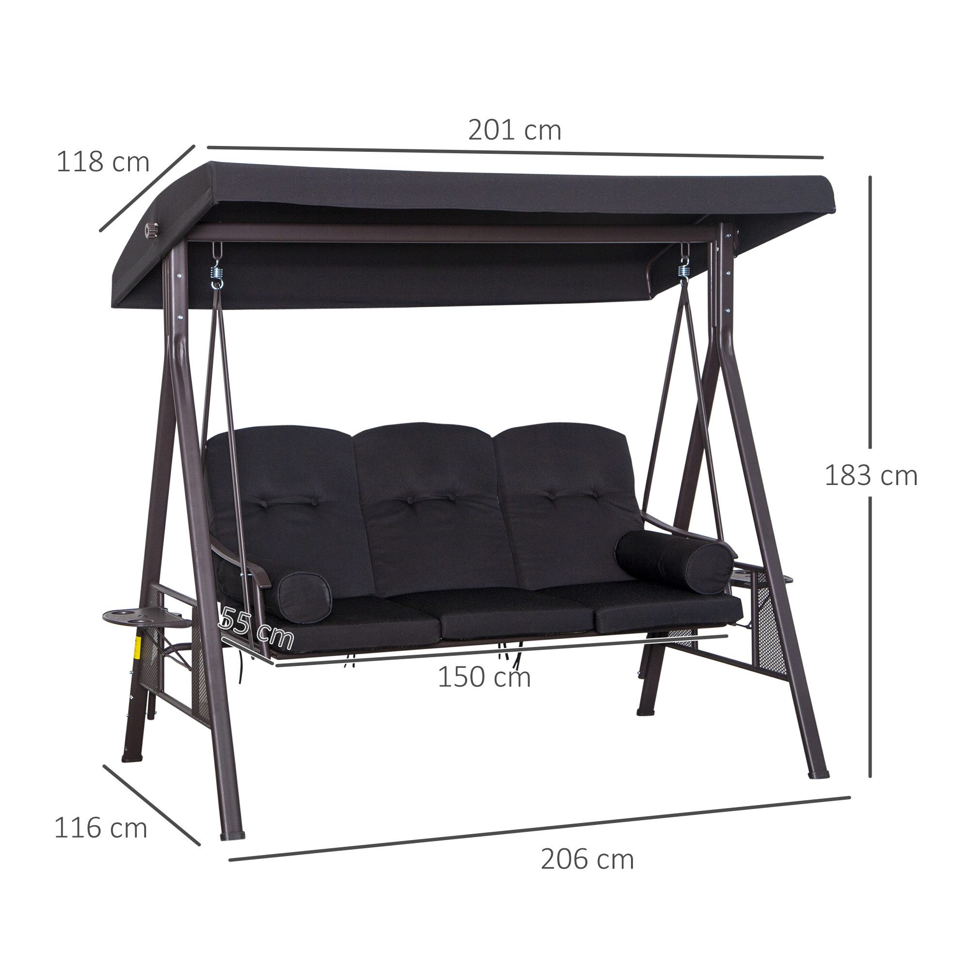 Outsunny Hollywoodschaukel mit Seitenwänden, mit Sonnendach, 3-Sitzer, Relaxfunktionen, Schaukel, 1 tlg., Gartenschaukel, für Garten, Balkon, Schwarz