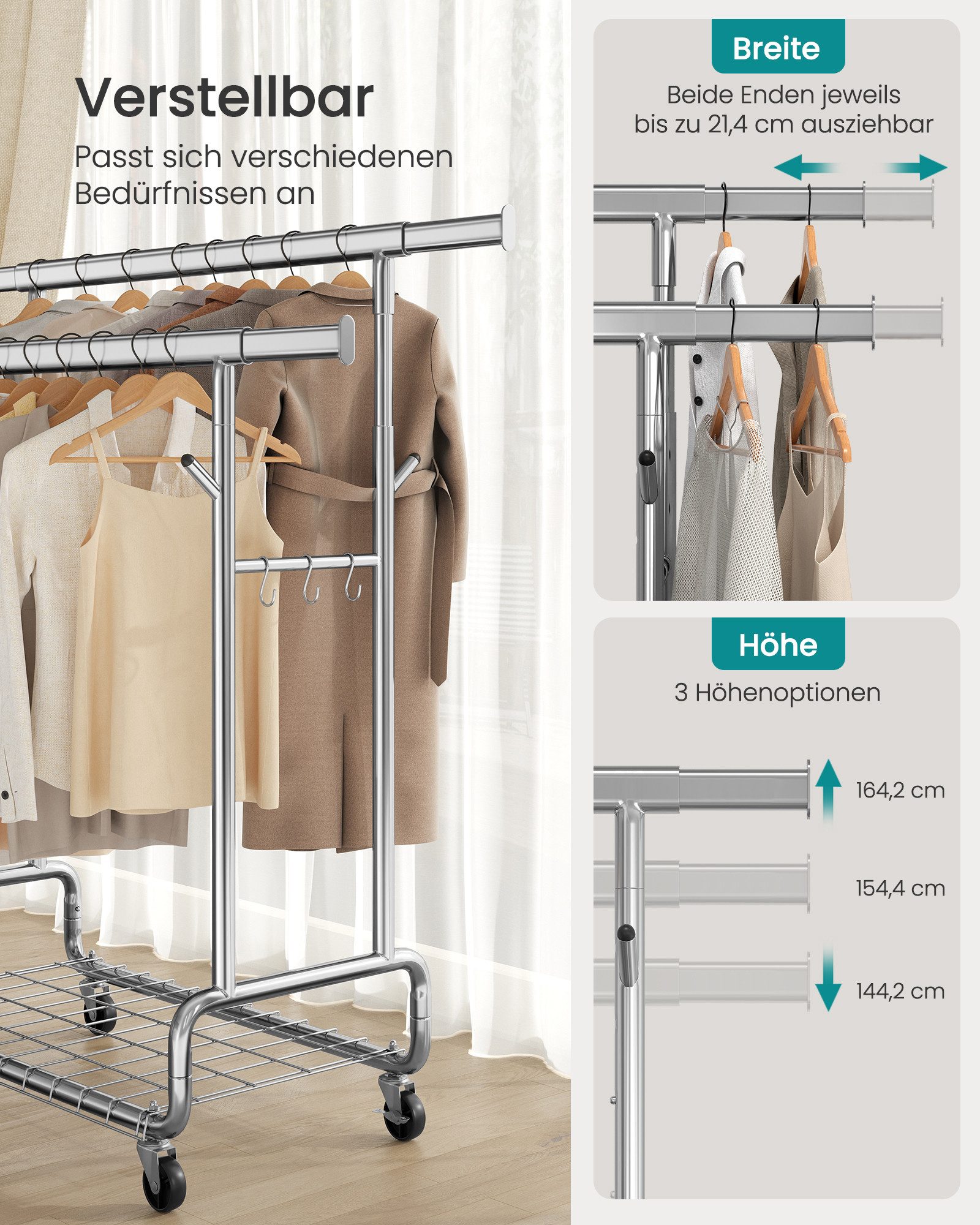 SONGMICS Kleiderständer Schwerlast-Garderobenständer ausziehbare Kleiderstange, 2 ausziehbare Kleiderstangen, auf Rollen, mit Ablage, Haken – Bild 4 von 5