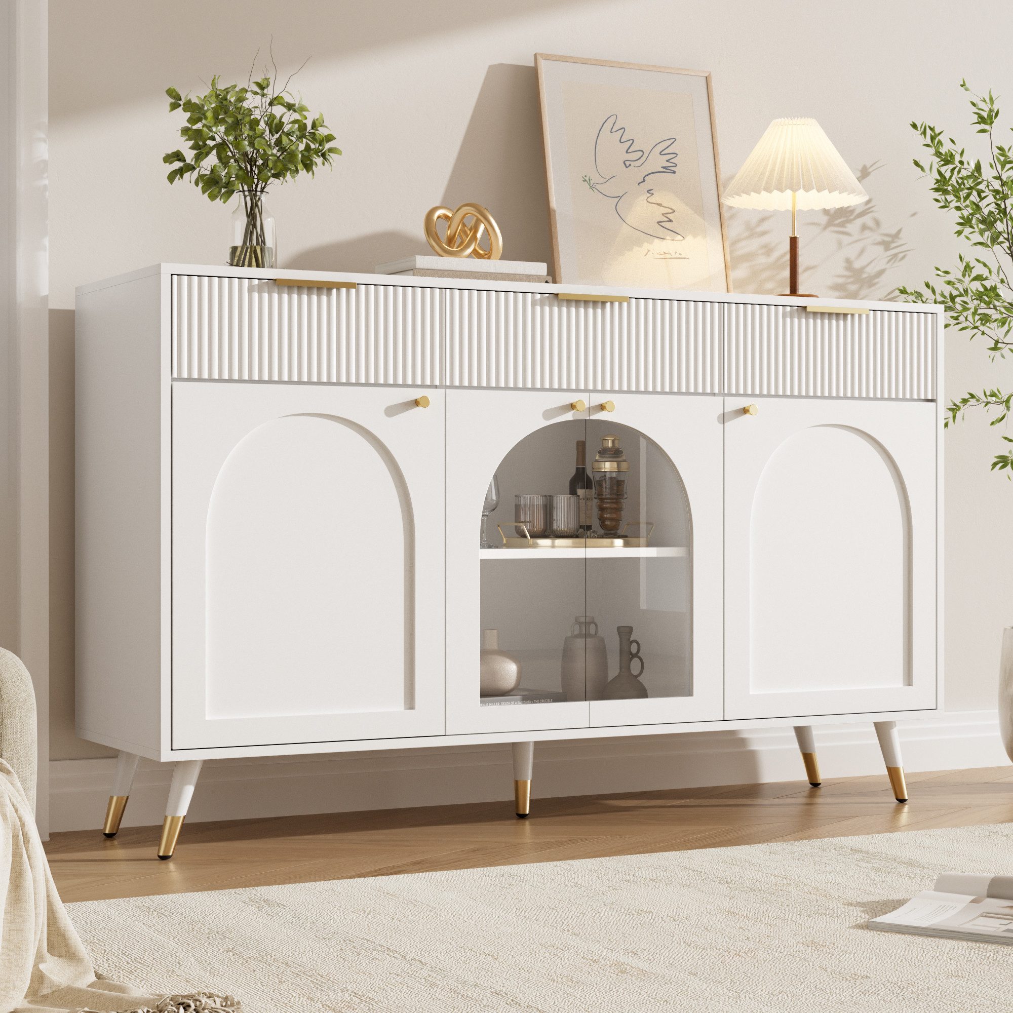 Flieks Kommode multifunktionaler Sideboard mit 3 Schubladen, 2 Acryl-Türen Modernstil (140x40x85,5 cm, 1 St., Schrank für Wohnzimmer, Schlafzimmer, Esszimmer), Mehrzweckschrank Aufbewahrungsschrank Weiß, Metallgriffen & Holzbeinen