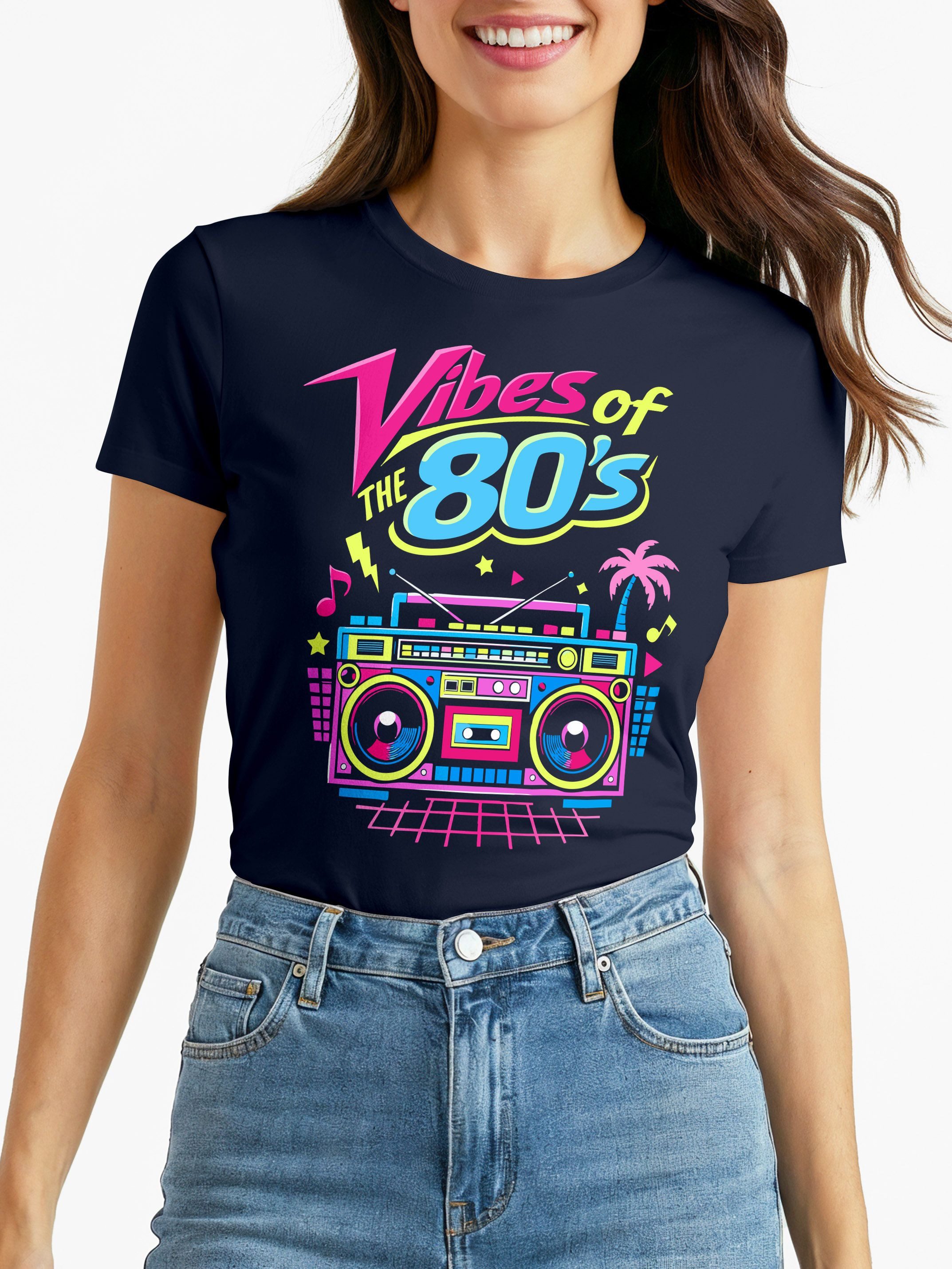 MoonWorks Print-Shirt Damen T-Shirt - 80s-DIY-Outfit- Fasching Karneval Ersatz Verkleidung mit Print