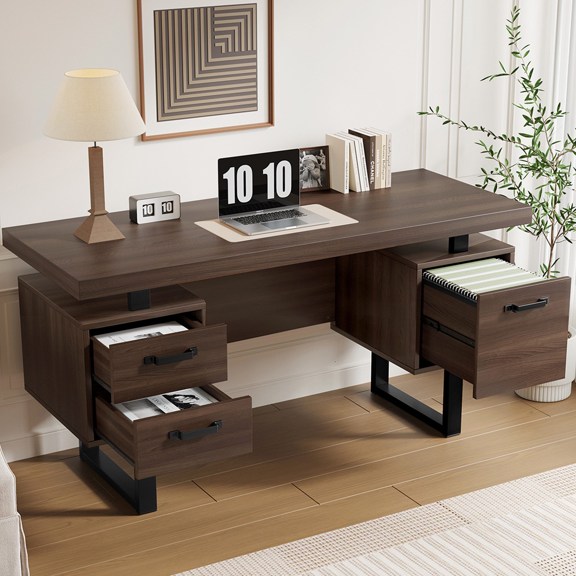 i@home Schreibtisch Schreibtische mit geräuschlose Schubladen,Ordnerfach (1-St., 1 Tisch), Bürotische 135×54×76 cm für Homeoffice & Arbeitszimmer