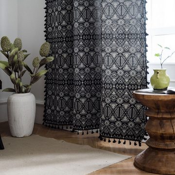 Vorhang Vorhang Vorhang aus Jacquard geometrisch schwarz Quaste, AUKUU, Bohemian Stil Küchenvorhang Erkerfenster