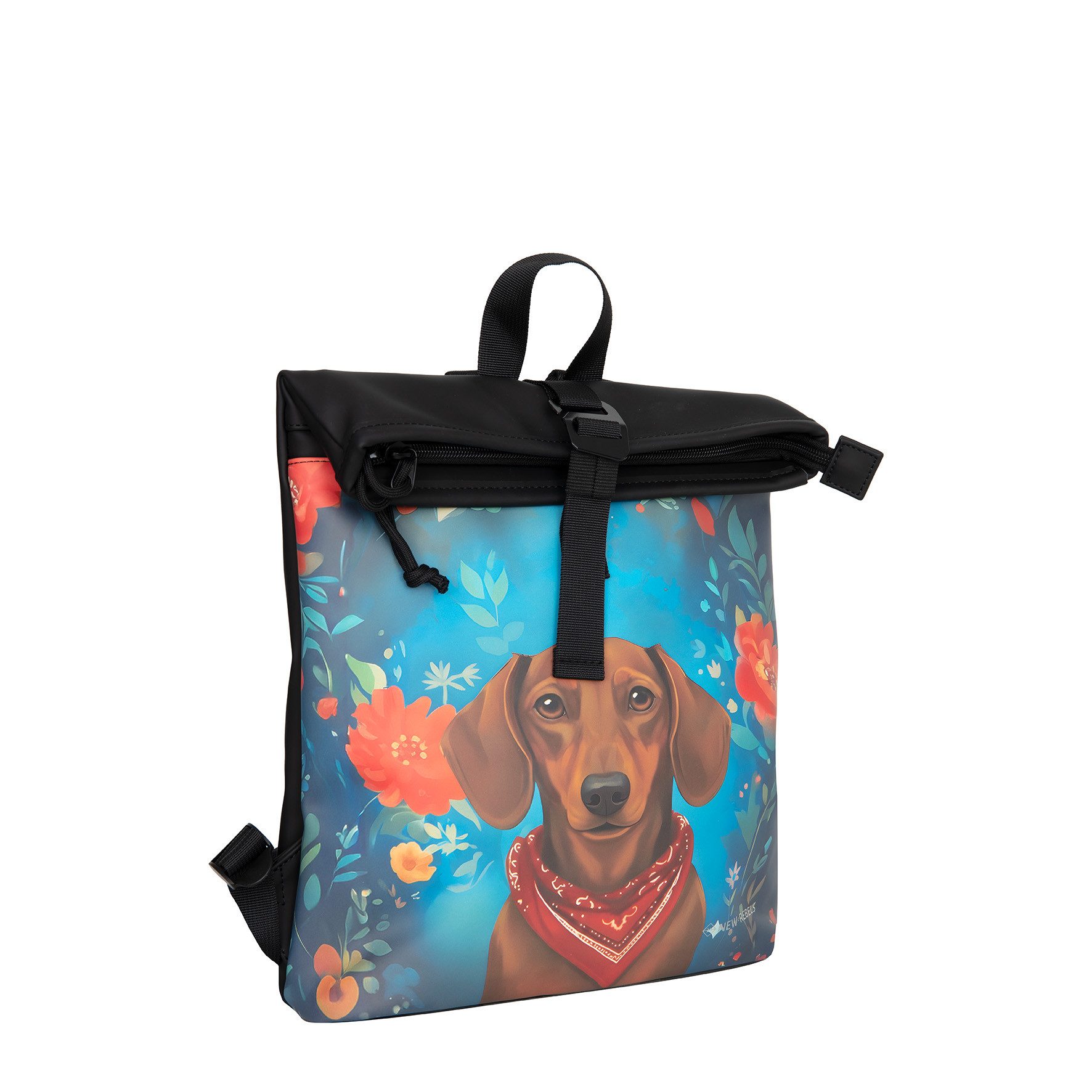 NEW REBELS Cityrucksack kleiner Roll Up RollTop Kurier Rucksack Los Angeles Dackel, wasserabweisendes Material mit Dackel Design
