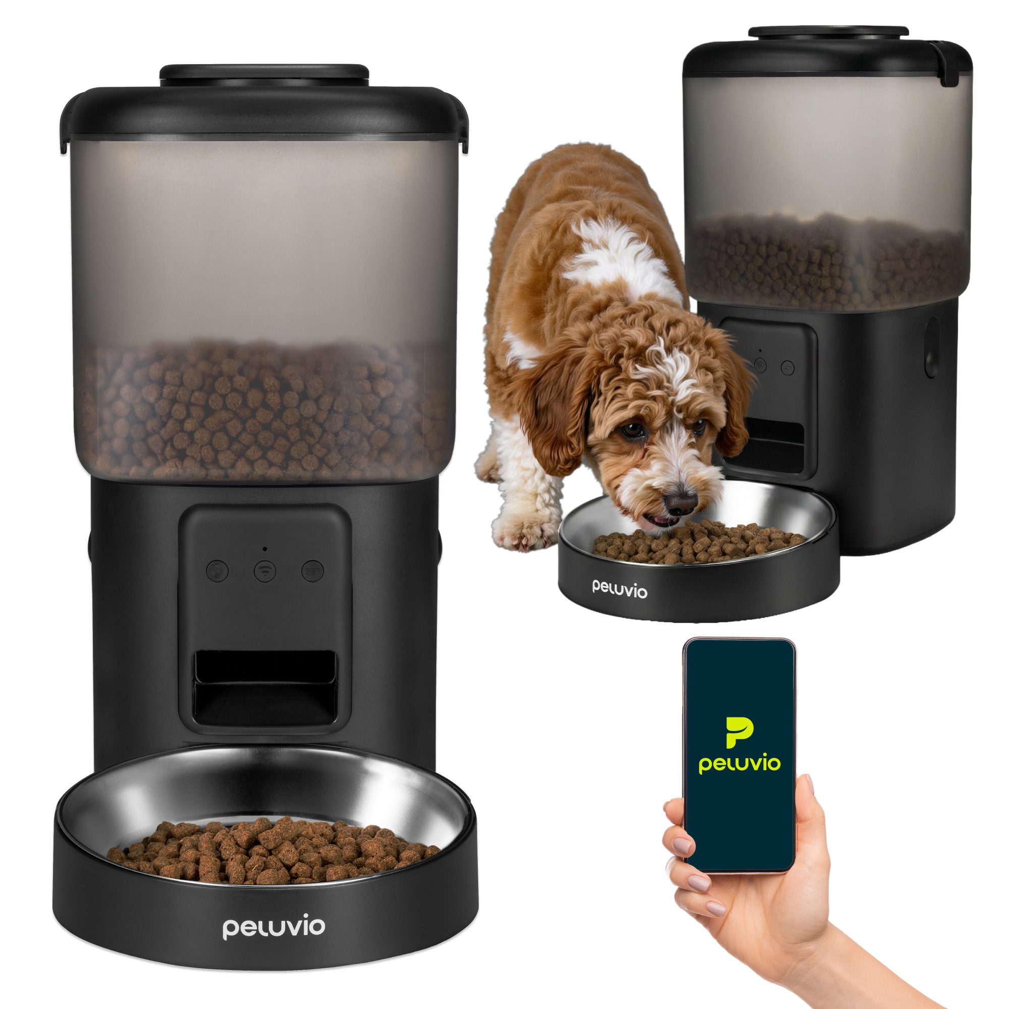 Peluvio Hunde-Futterspender CRISPY WIFI DOG, 4,5L Vorrat / App-Steuerung / 2,5m Beißschutzkabel / Notstrom