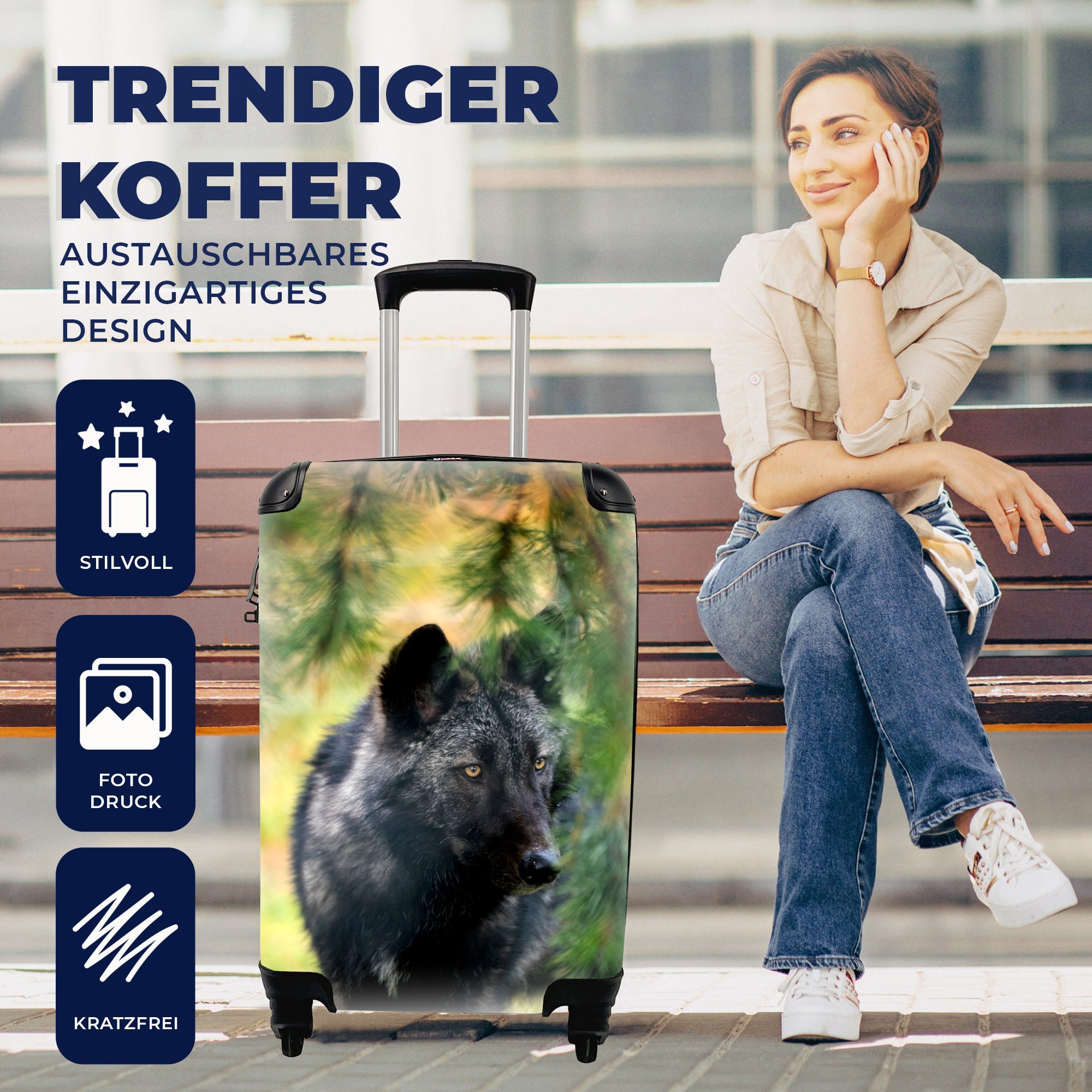 - Reisekoffer Makro Trolley, Wolf mit Reisetasche Handgepäckkoffer - Blätter, Ferien, MuchoWow für 4 Rollen, rollen, Handgepäck