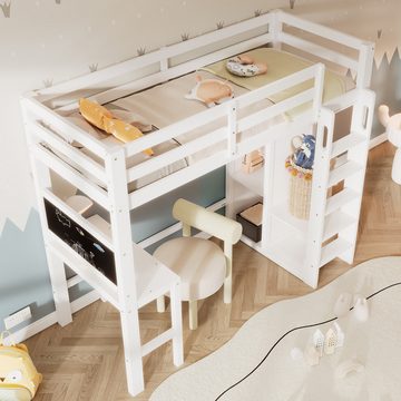 MODFU Etagenbett Holzbett Kinderbett, mit Schreibtisch Offener Kleiderschrank und Regalen, Ohne Matratze