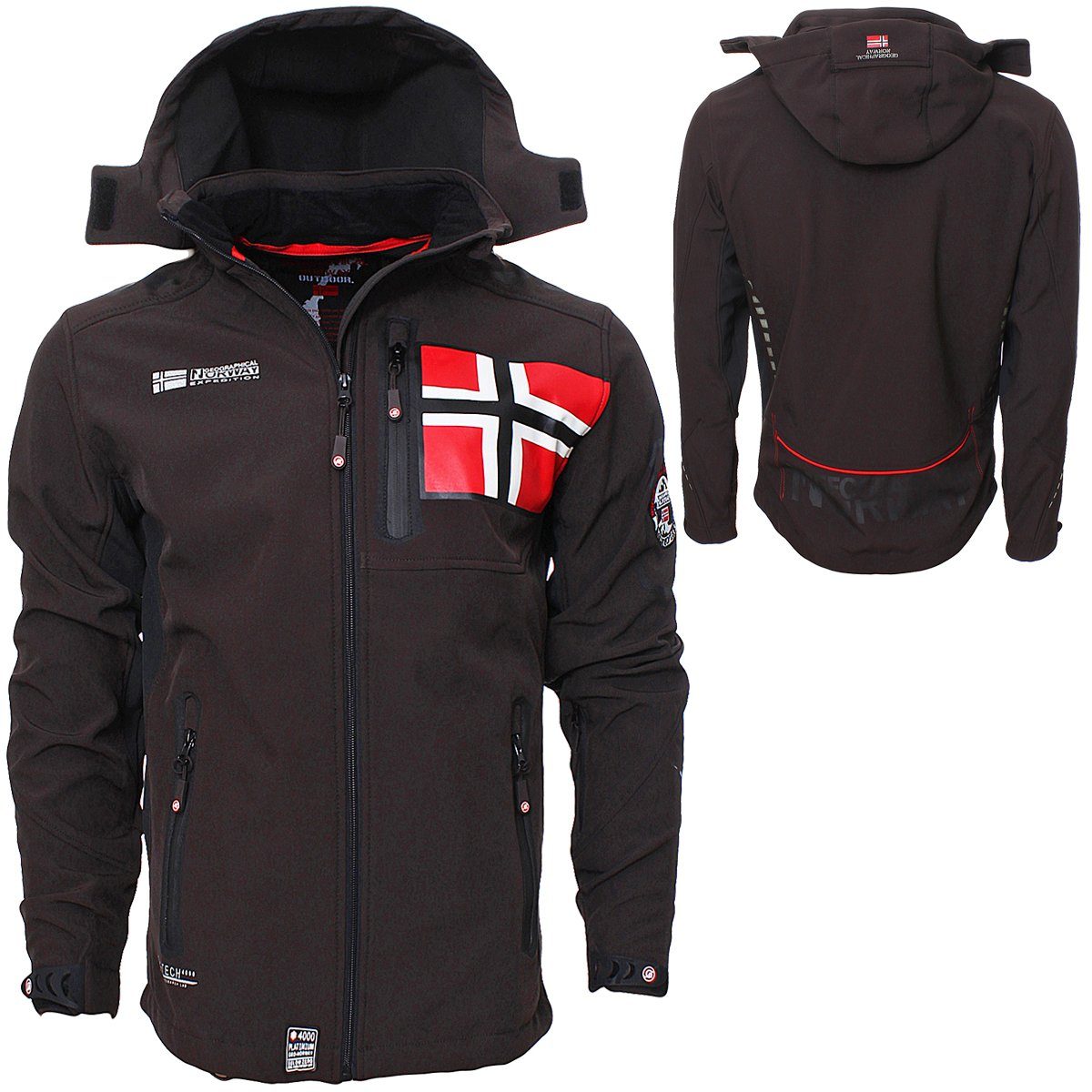 Geographical Norway Softshelljacke Geographical Norway Herren Softshelljacke Rova auch in Großen Größen erhältlich, mit abnehmbarer Kapuze, Norwegen Flage Dunkelbraun