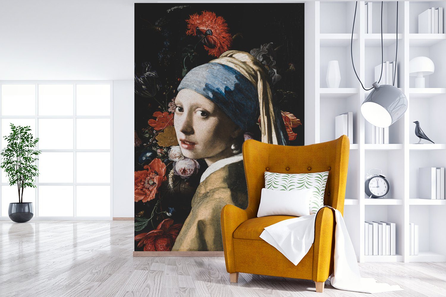 - Matt, mit (3 - Perlenohrring Wohnzimmer, Johannes Mädchen - Vermeer St), Rot, Montagefertig für Fototapete bedruckt, Wandtapete Tapete Blumen MuchoWow Vinyl