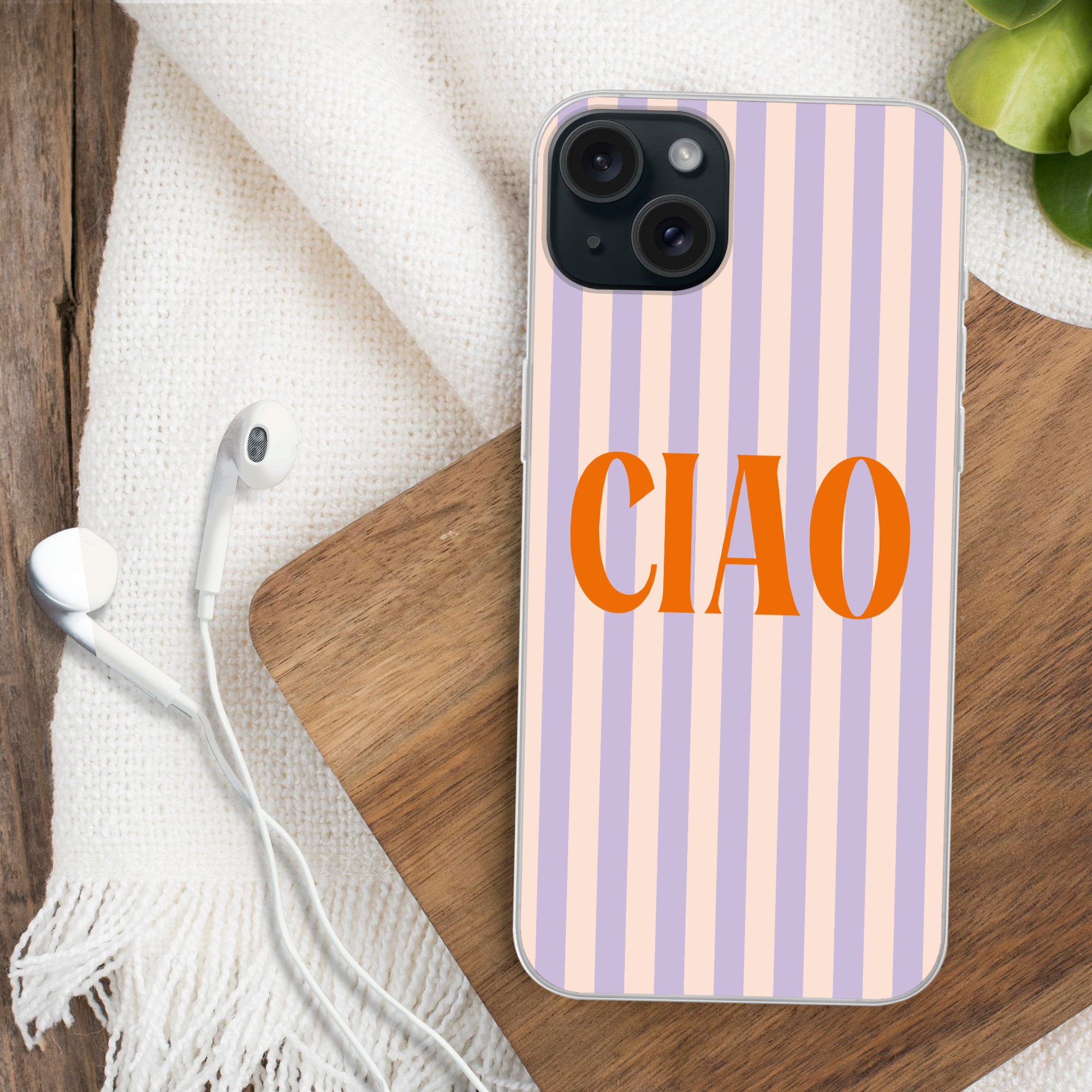 MuchoWow Handyhülle für Apple iPhone 15 Plus Ciao - Zitat - Pastell - Streifen, Smartphone-Bumper, Print, Handy Schutzhülle Dünn