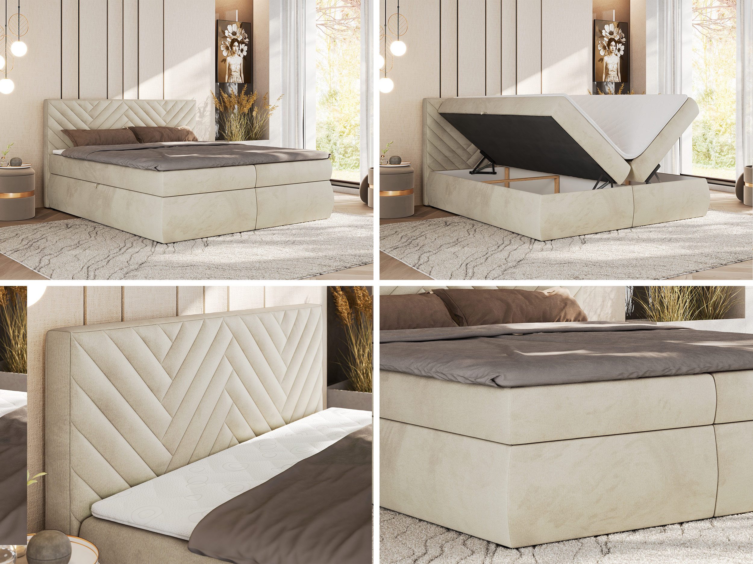 MKS MÖBEL Boxspringbett AVERTA (Set, Bonellfedern, T30-Schaum, Topper T25, Bonell-Matratze, hohe Kopfteil), Doppelbett, inkl. Bettkasten und Topper