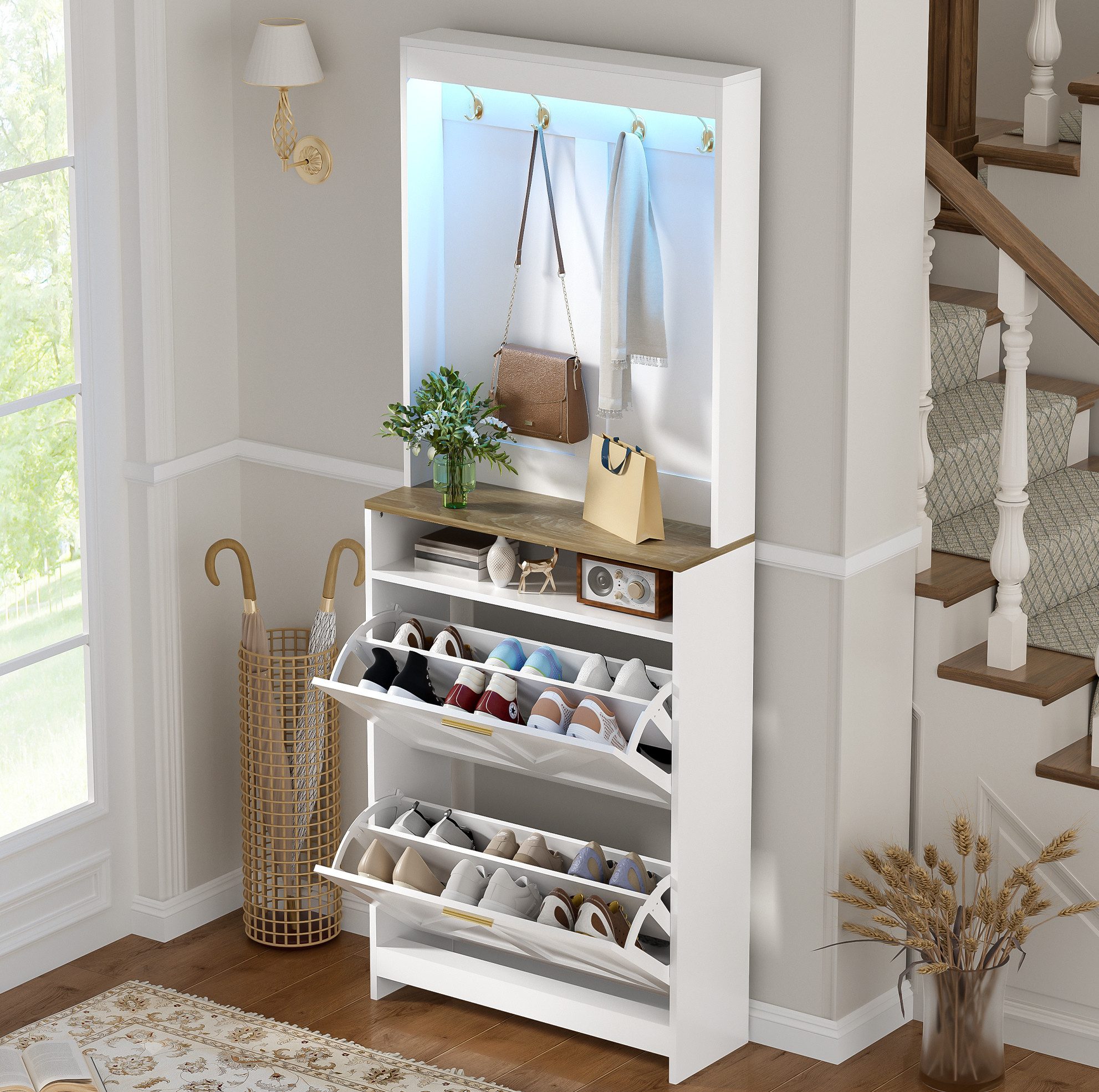 OKWISH Schuhschrank Schmaler Flurschrank mit LED, Klappfächern und Haken (Packung, 1-St., platzsparend, für Diele und Flur) Weiß, 70x24x180 cm, PB