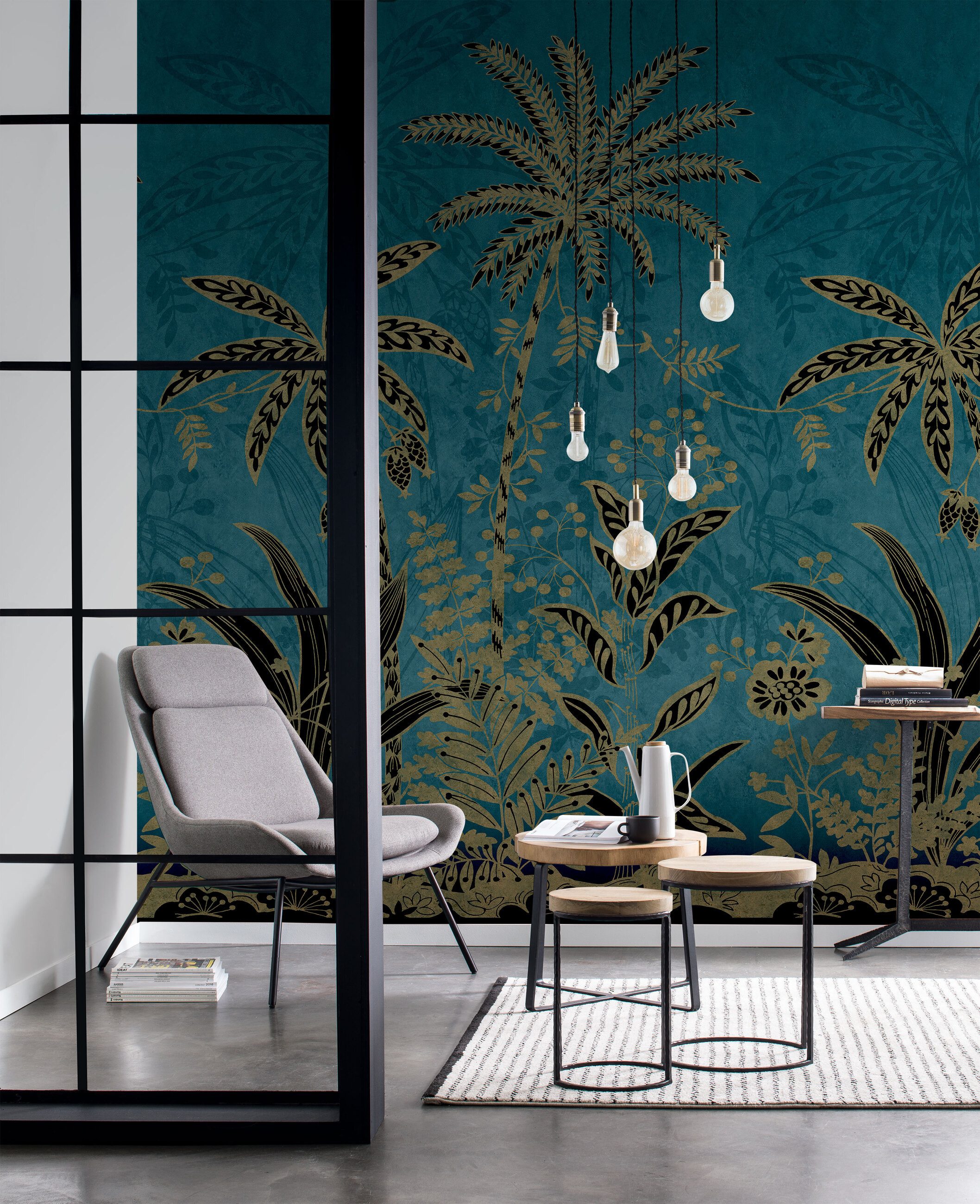 Rasch Fototapete Palmen, tropische Blätter in Gold und Blau - 3,00m x 2,00m, glatt, Palmen, exotisch, Dschungel, tropisch, botanisch, (1 St), Dschungel