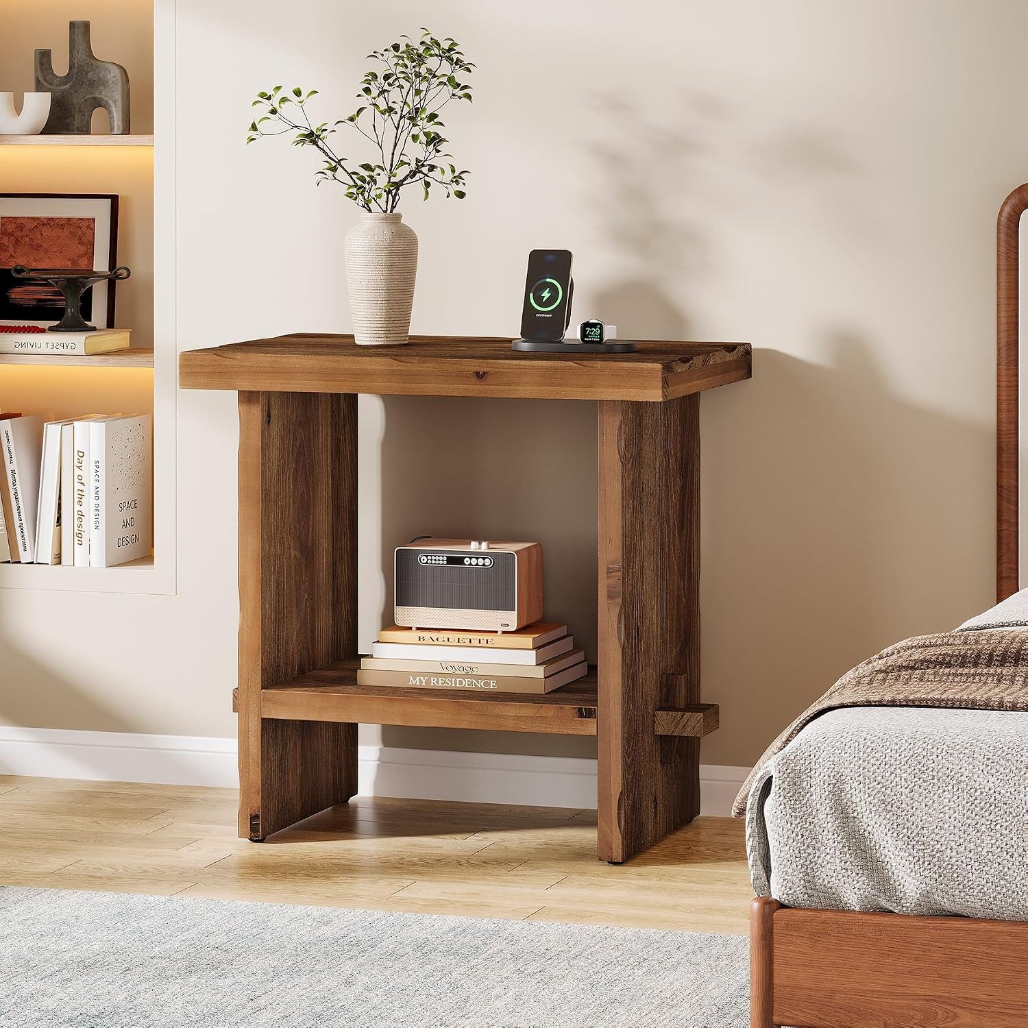 Tribesigns Beistelltisch Massivholz Nachttisch Landhausstil mit Holzunterbau für Schlafzimmer