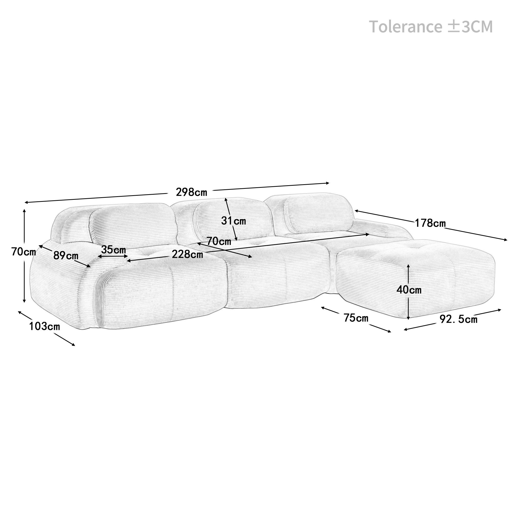 Odikalo 3-Sitzer modular kombinierbar Polstersofa Chaiselongue, Modulares Ecksofa ohne Montage, ergonomisch und haustierfreundlich, aus Cordstoff mit extra-brei – Bild 5 von 5