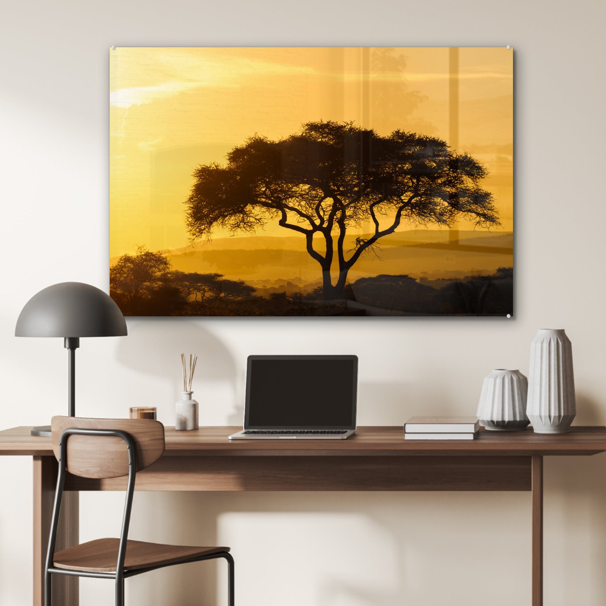 Serengeti-Nationalpark Acrylglasbild dem Gelber Acrylglasbilder & Himmel (1 Tansania, in Schlafzimmer über MuchoWow Wohnzimmer St),