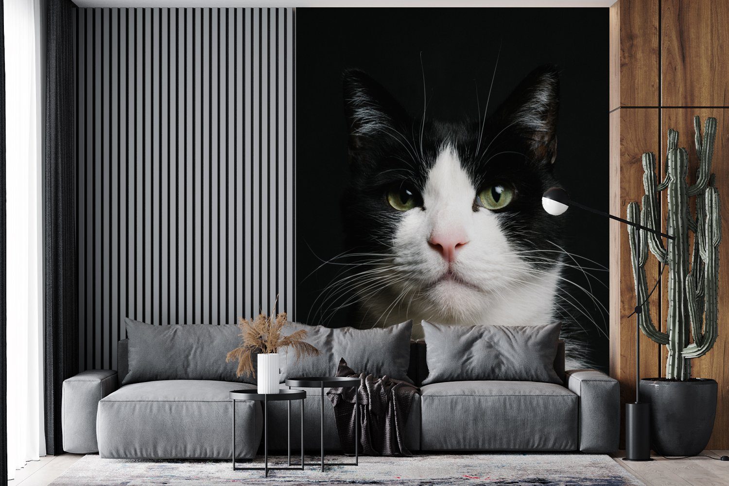 - Montagefertig Katze Wandtapete bedruckt, Fototapete Tapete Matt, Wohnzimmer, Schwarz für (4 MuchoWow Weiß, Vinyl St), -