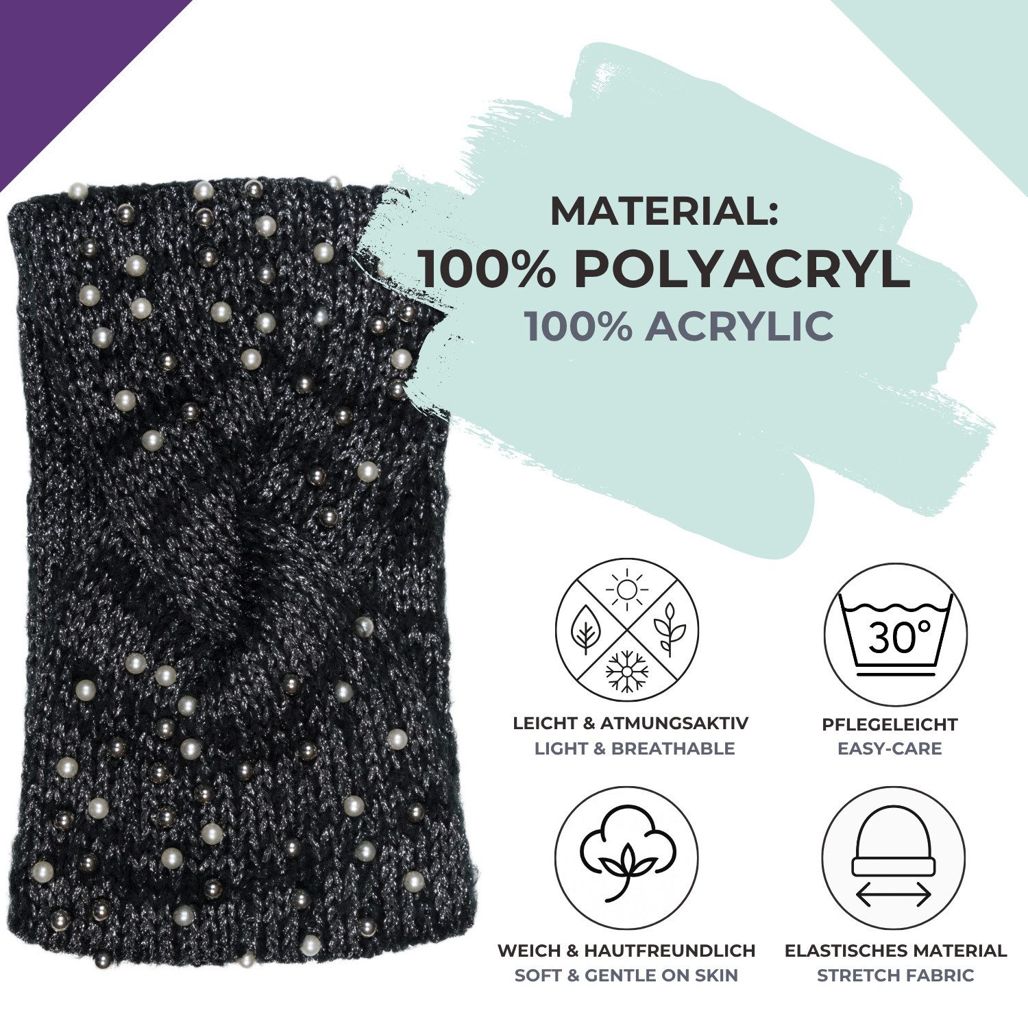 styleBREAKER Stirnband Strick Stirnband Perlen Metallic Faden und Knoten Detail (1-St)