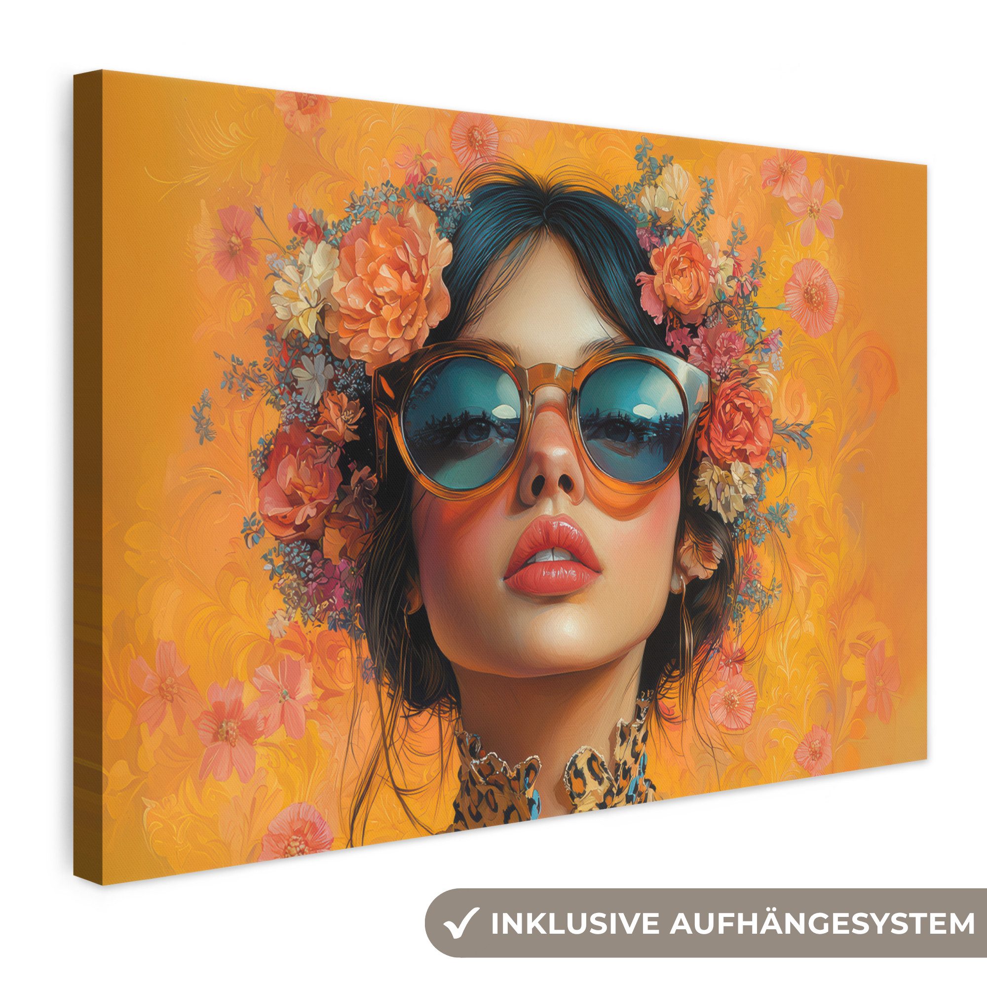 OneMillionCanvasses® Leinwandbild Frau - Blumen - Ästhetik - Orange, Fotodruck (1 St), Leinwand Bilder Klein, Wand Dekoration Aesthetic 30x20 cm