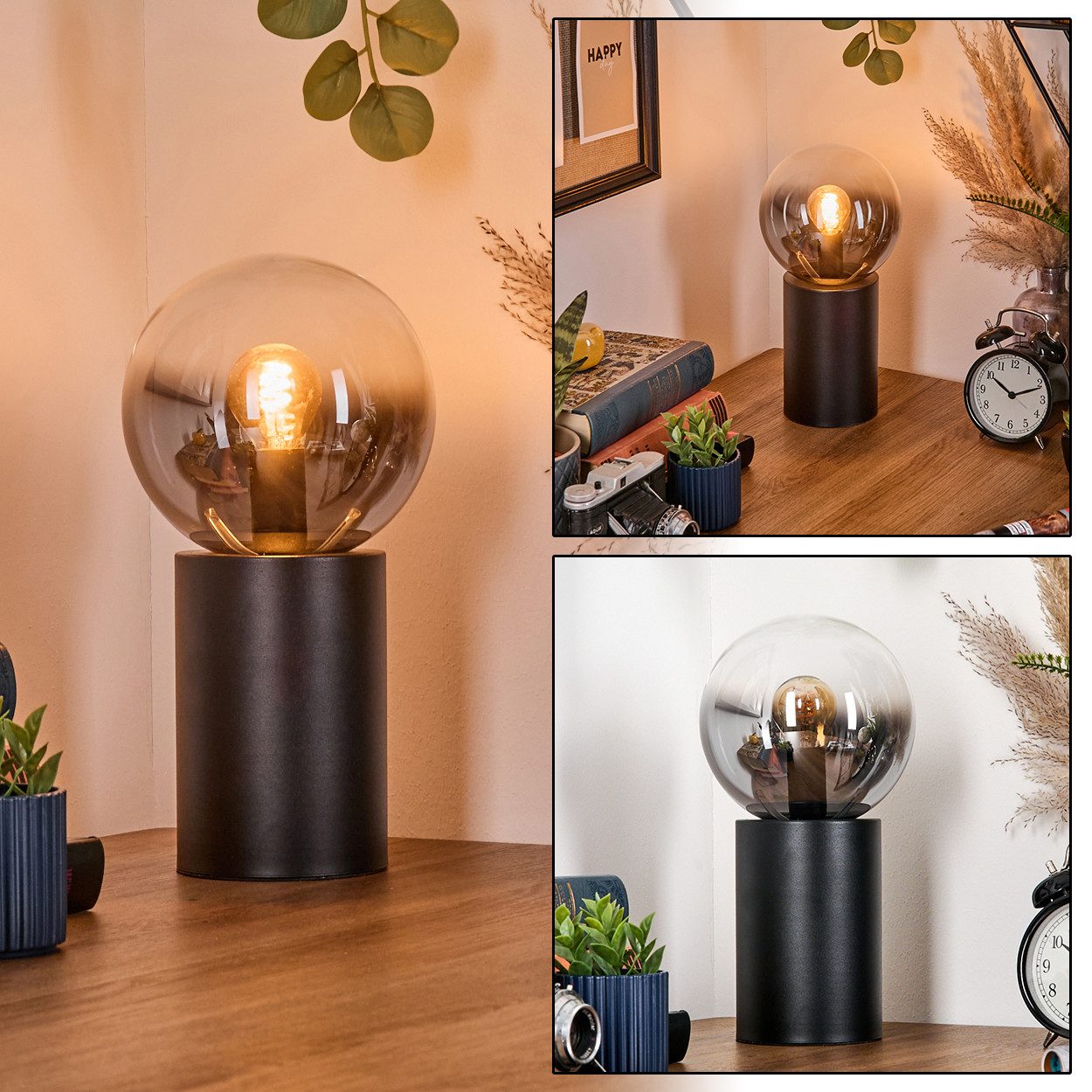hofstein Tischleuchte Tischlampe aus Metall/Glas in Schwarz/Rauchfarben/Klar, ohne Leuchtmittel, Leuchte im Retro/Vintage-Design mit Glasschirm (15 cm), 1 x E14