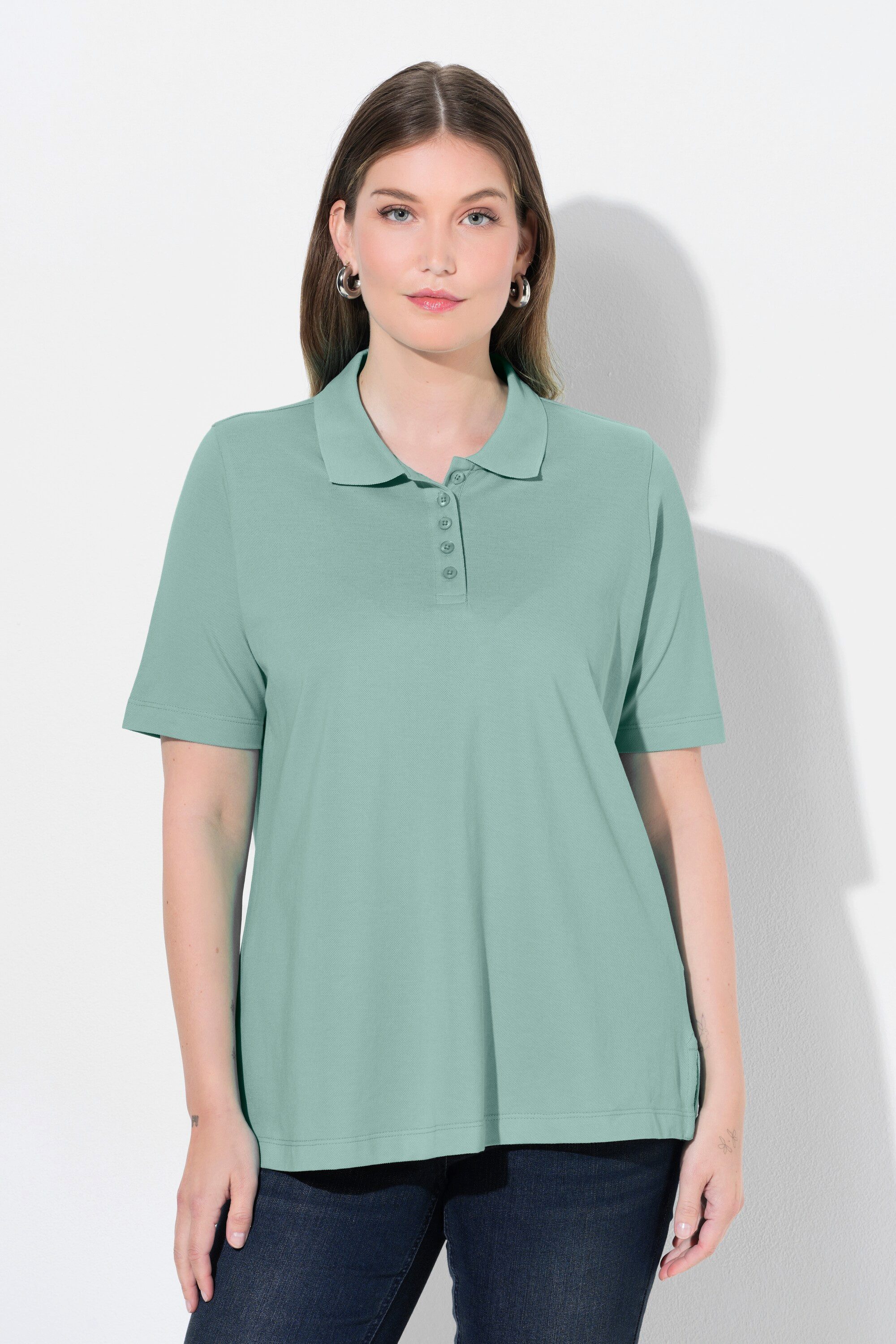 Ulla Popken Poloshirt Poloshirt längere Knopfleiste Polokragen Halbarm