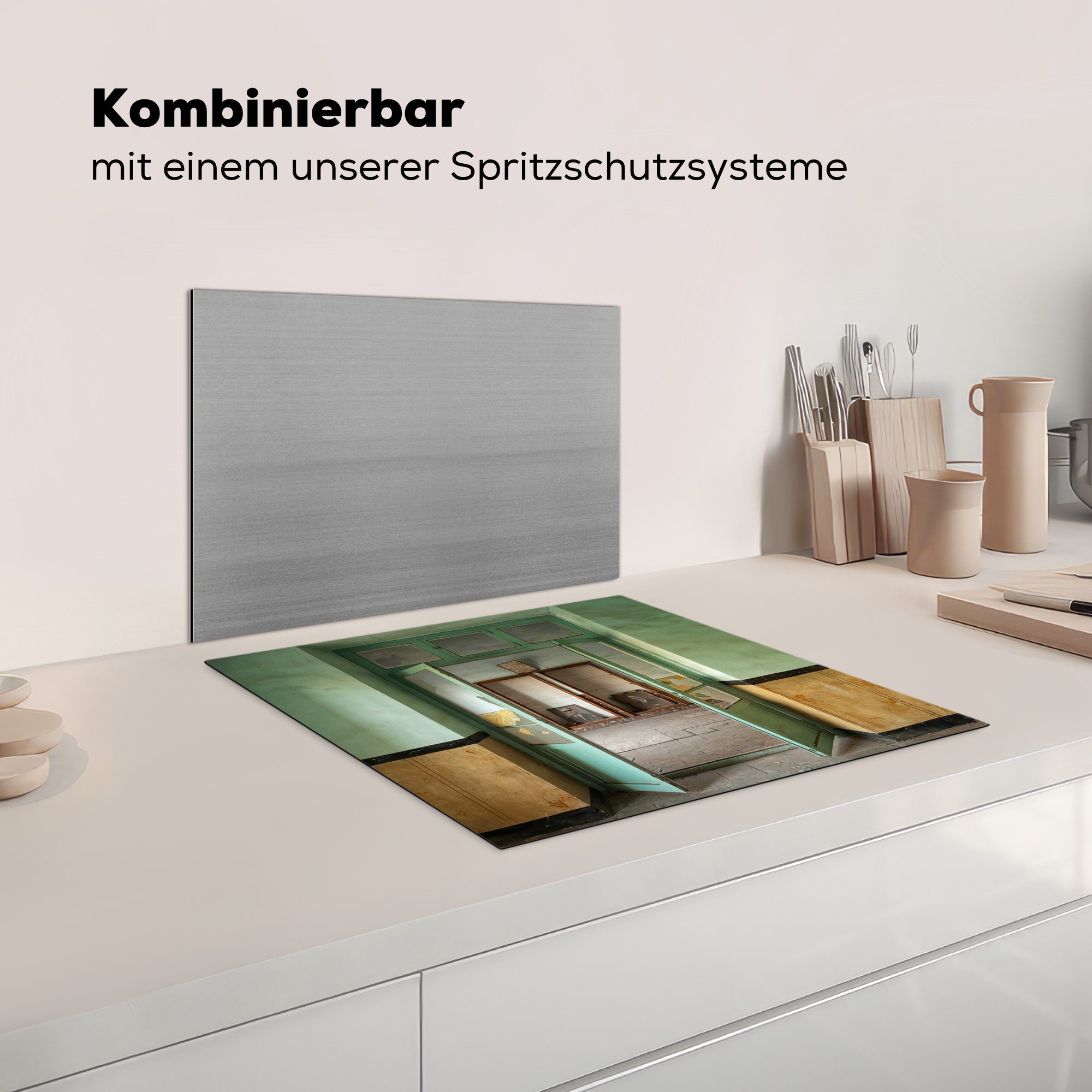 Tür - Architektur Glas, - tlg), - Ceranfeldabdeckung MuchoWow 60x52 Mobile (1 Herdblende-/Abdeckplatte nutzbar, Arbeitsfläche Vinyl, cm, Grün