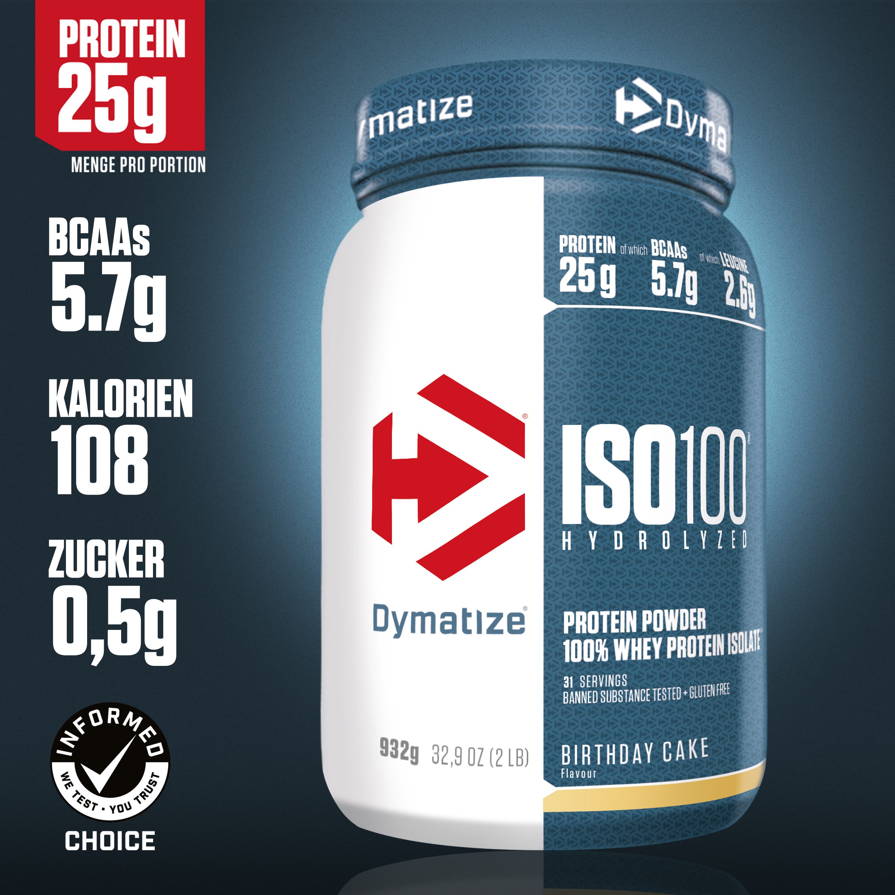 Dymatize Whey Protein Shake Hydrolysat Eiweiß ISO 100 Birthday Cake 932 g Pulver, 932 g