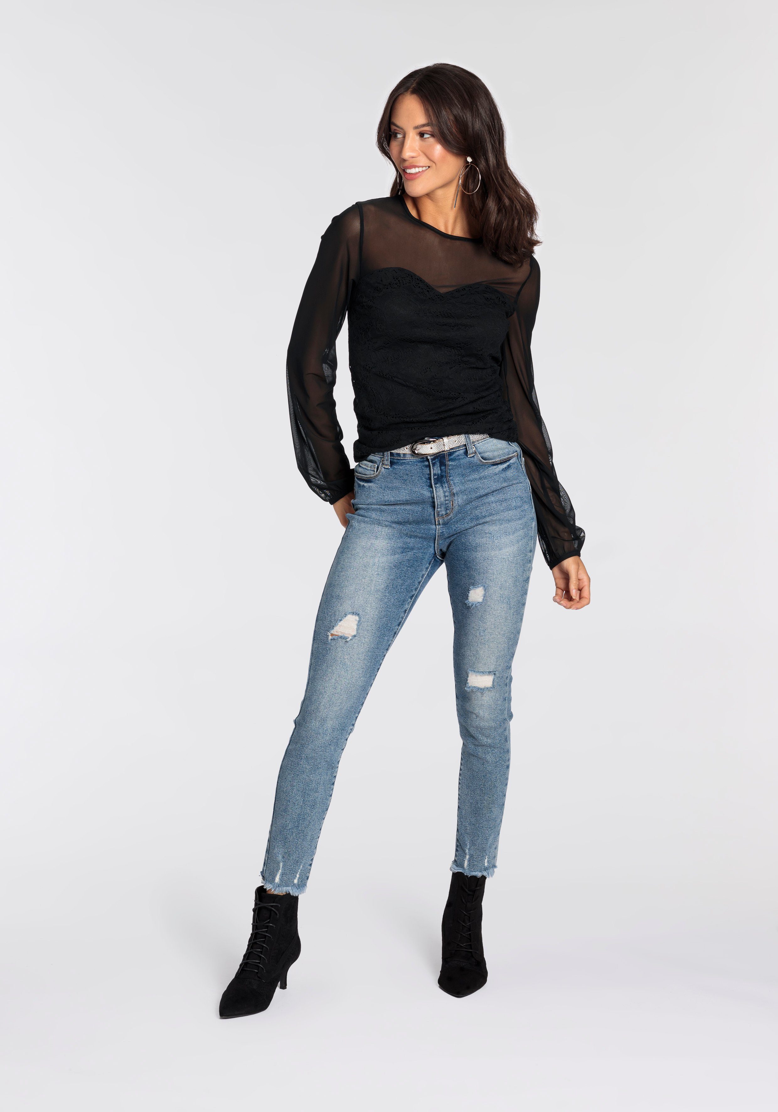 Melrose Langarmshirt taillierte Passform, aus Netzstoff, mit Viskosefutter, mit Spitze