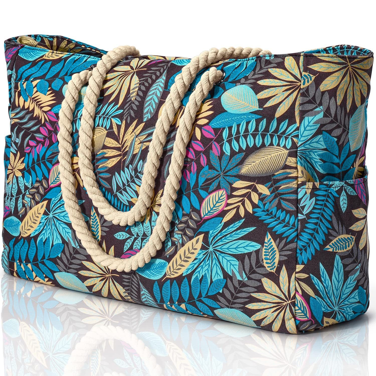 Bwecuy Strandtasche Groß Strandtasche mit Reißverschluss Wasserdicht Sanddicht (Handtasche Umhängetasche Damen, Faltbar Ultraleicht Badetasche), für Urlaub Reisen Fitnessstudio Picknick