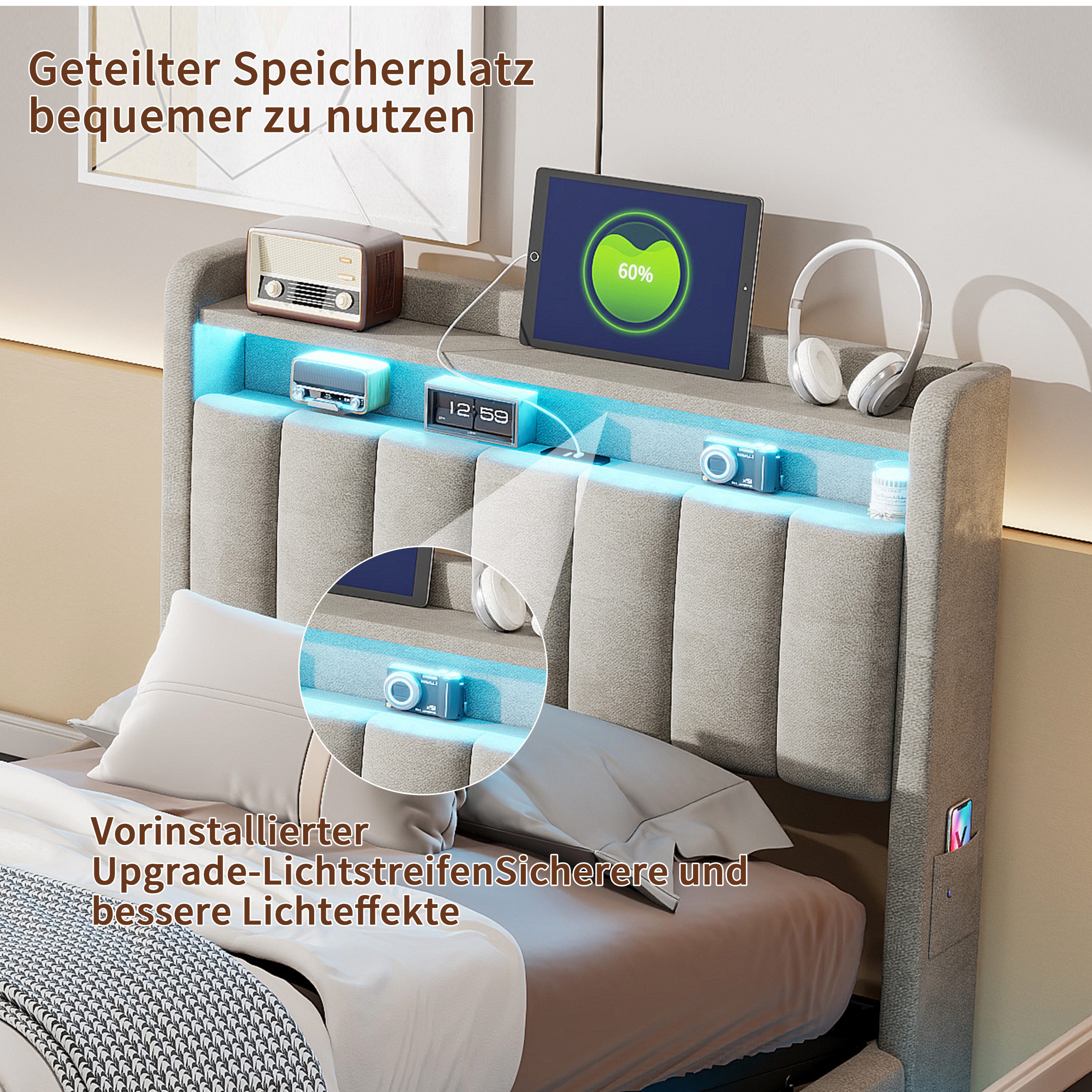 Simurq Polsterbett Samtbett mit Bettkasten 90x200, Einzelbett, Jugendbett, Luxuriöses Samtbett mit Stauraum, Mit Lattenrost, USB Port & LED