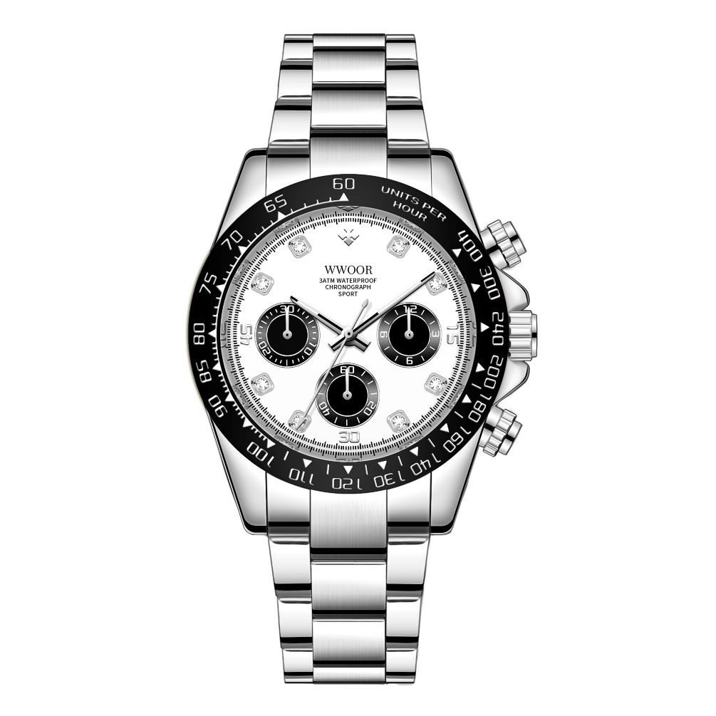 Quarzuhr WWOOR Herren-Armbanduhr, Chronograph, Edelstahl, Silber /Weiß 8849-SiW